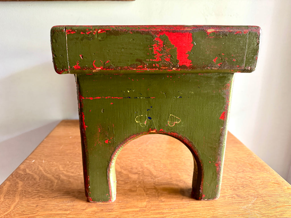 Antique Wooden Stool with Distressed Paint | Primitive Wood Stool | Rustic Green Small Bench | Shabby Chic Distressed Wood Stool