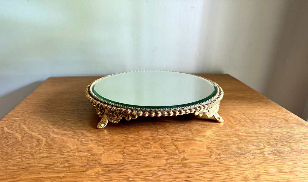 Ornate Gold Filigree Plateau Vanity Tray | Round Beveled Mirrored Vanity Stand | Ornate Filigree Vanity Tray | Hollywood Regency