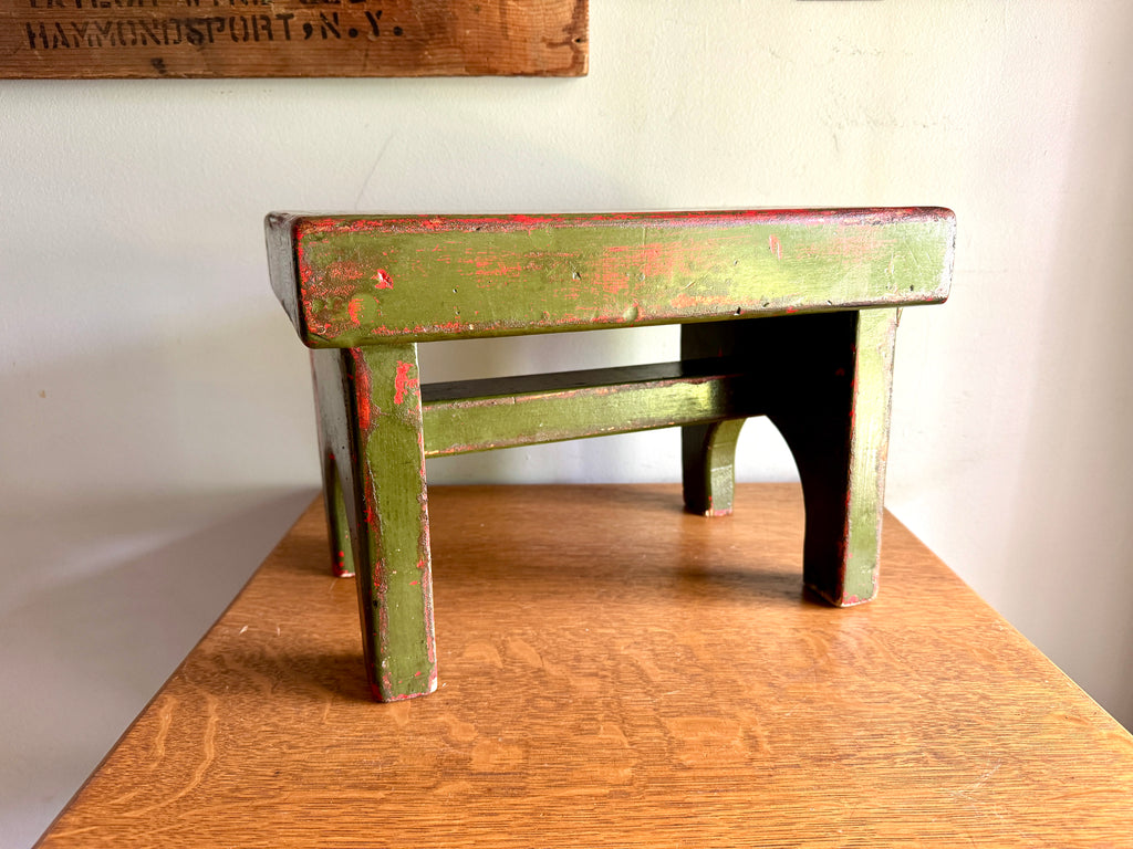 Antique Wooden Stool with Distressed Paint | Primitive Wood Stool | Rustic Green Small Bench | Shabby Chic Distressed Wood Stool
