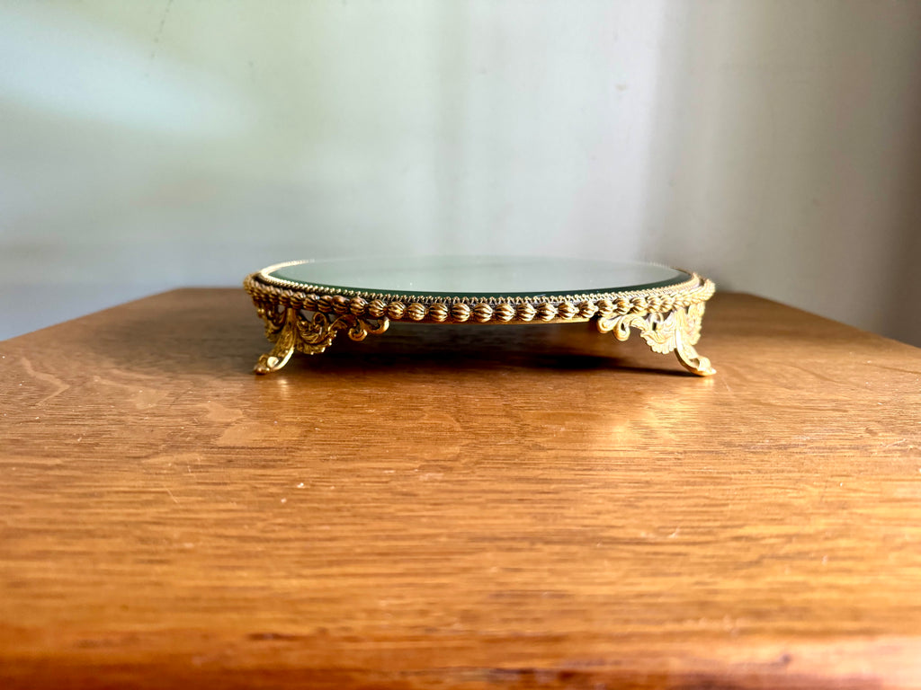 Ornate Gold Filigree Plateau Vanity Tray | Round Beveled Mirrored Vanity Stand | Ornate Filigree Vanity Tray | Hollywood Regency