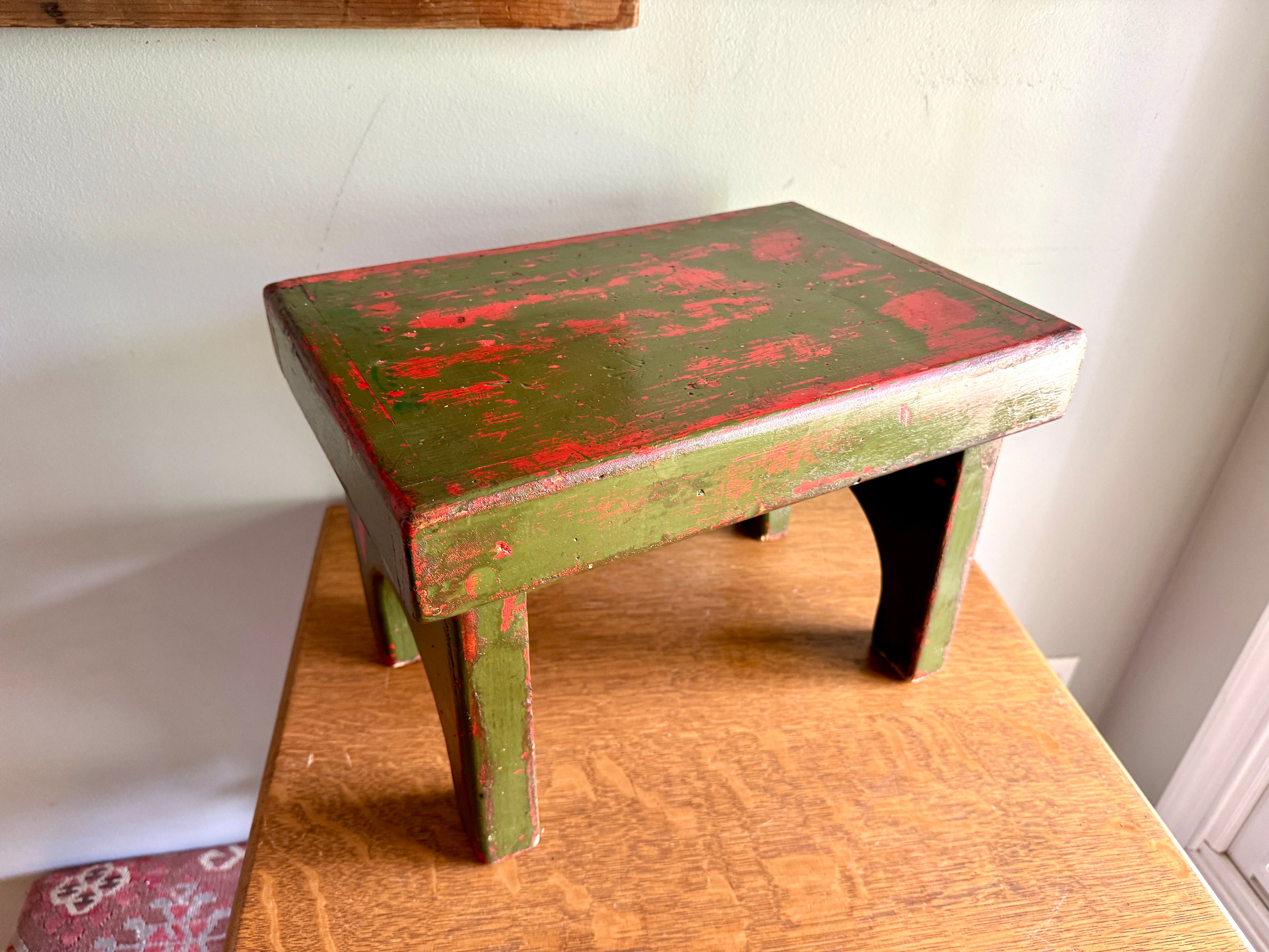 Antique Wooden Stool with Distressed Paint | Primitive Wood Stool | Rustic Green Small Bench | Shabby Chic Distressed Wood Stool