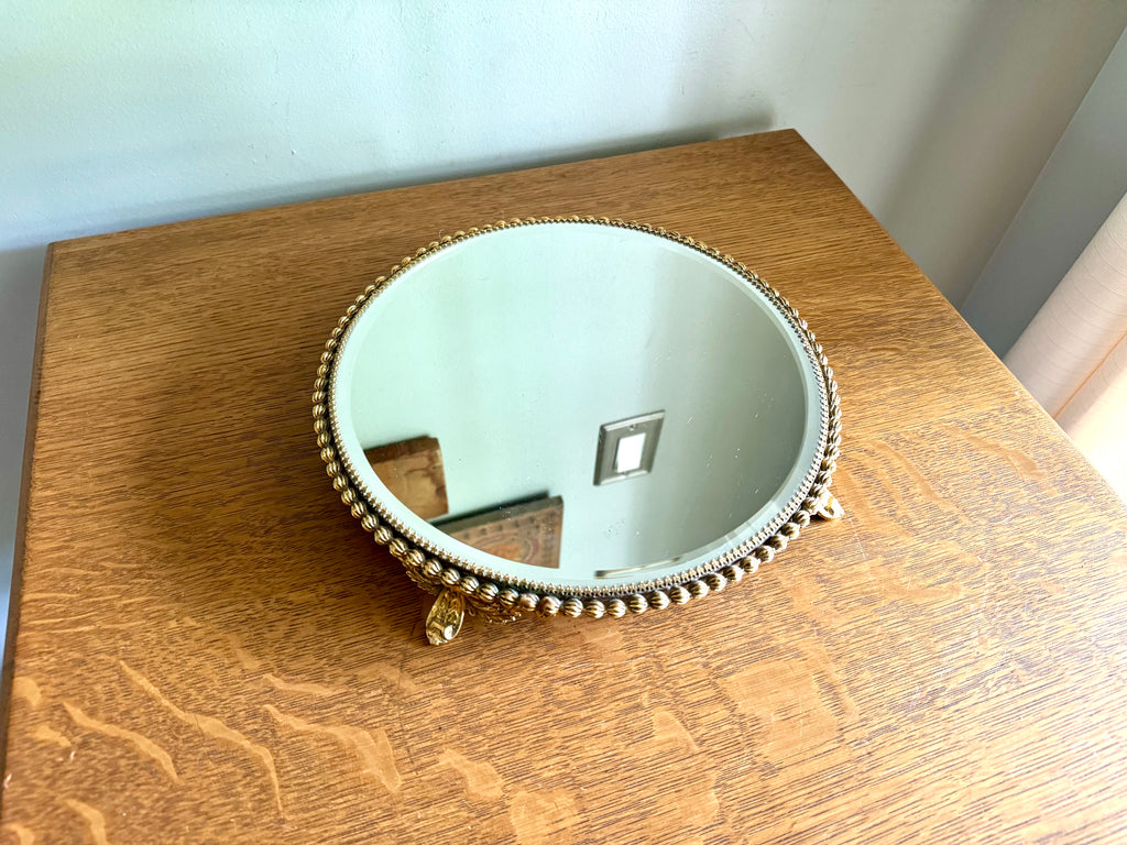 Ornate Gold Filigree Plateau Vanity Tray | Round Beveled Mirrored Vanity Stand | Ornate Filigree Vanity Tray | Hollywood Regency