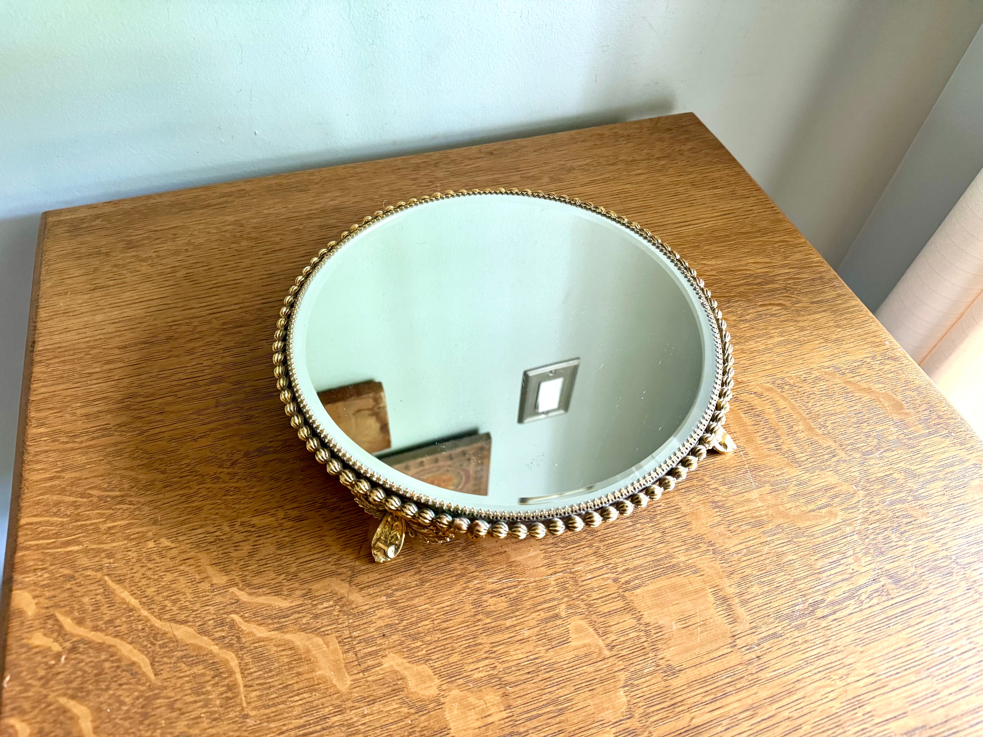 Ornate Gold Filigree Plateau Vanity Tray | Round Beveled Mirrored Vanity Stand | Ornate Filigree Vanity Tray | Hollywood Regency