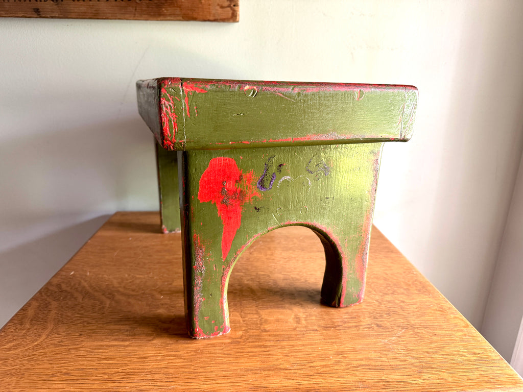 Antique Wooden Stool with Distressed Paint | Primitive Wood Stool | Rustic Green Small Bench | Shabby Chic Distressed Wood Stool