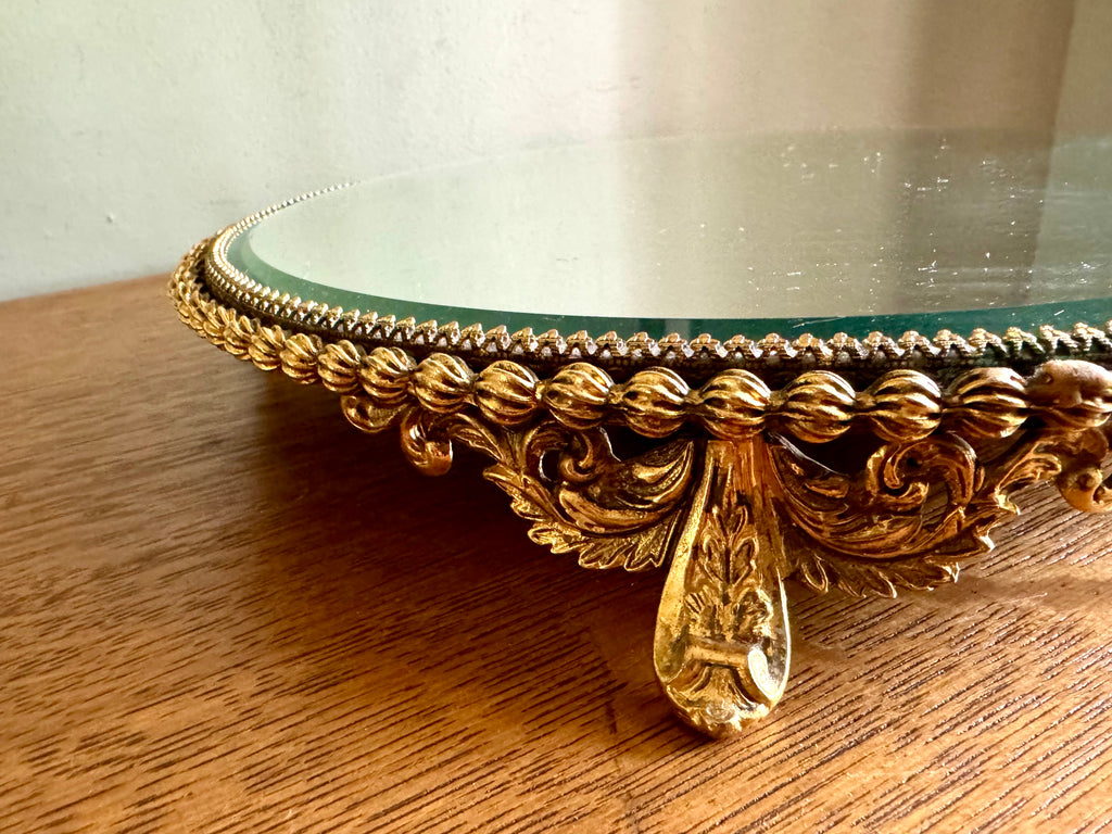 Ornate Gold Filigree Plateau Vanity Tray | Round Beveled Mirrored Vanity Stand | Ornate Filigree Vanity Tray | Hollywood Regency