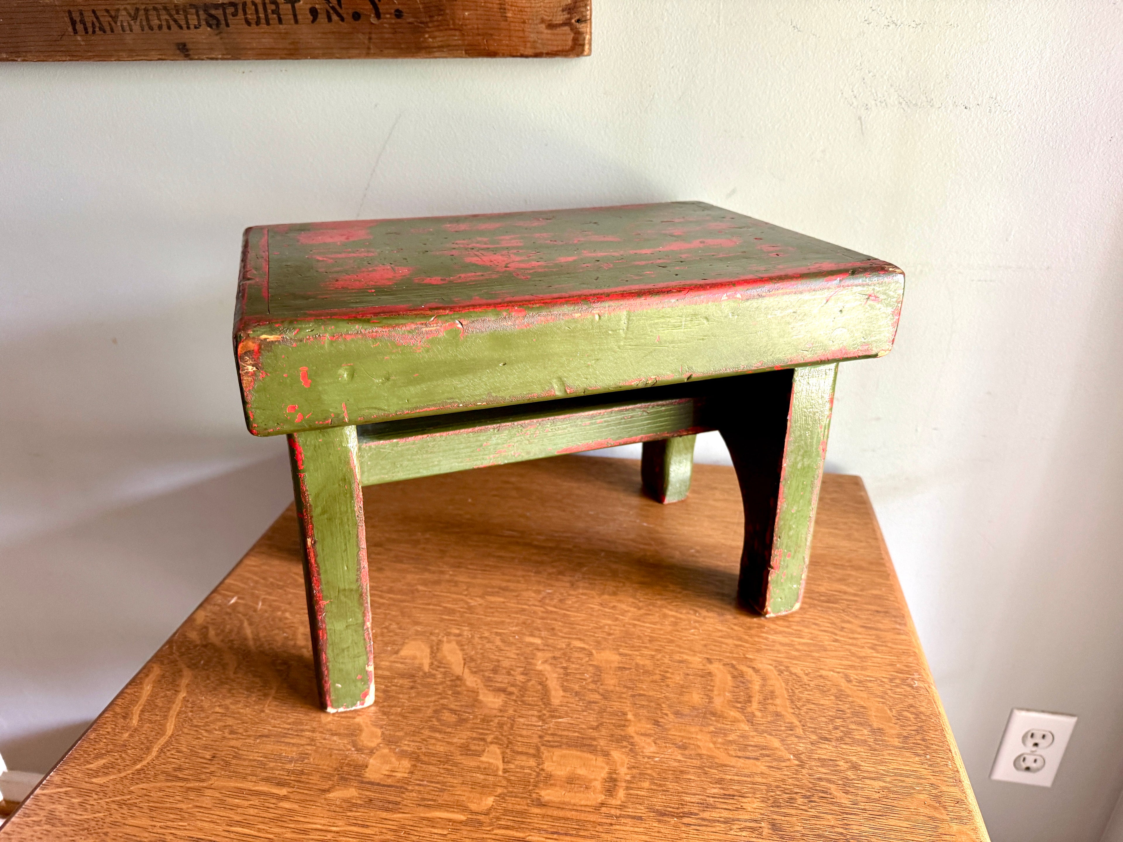 Antique Wooden Stool with Distressed Paint | Primitive Wood Stool | Rustic Green Small Bench | Shabby Chic Distressed Wood Stool