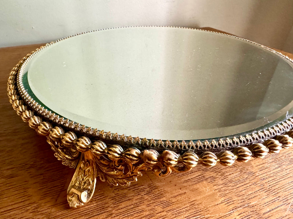 Ornate Gold Filigree Plateau Vanity Tray | Round Beveled Mirrored Vanity Stand | Ornate Filigree Vanity Tray | Hollywood Regency