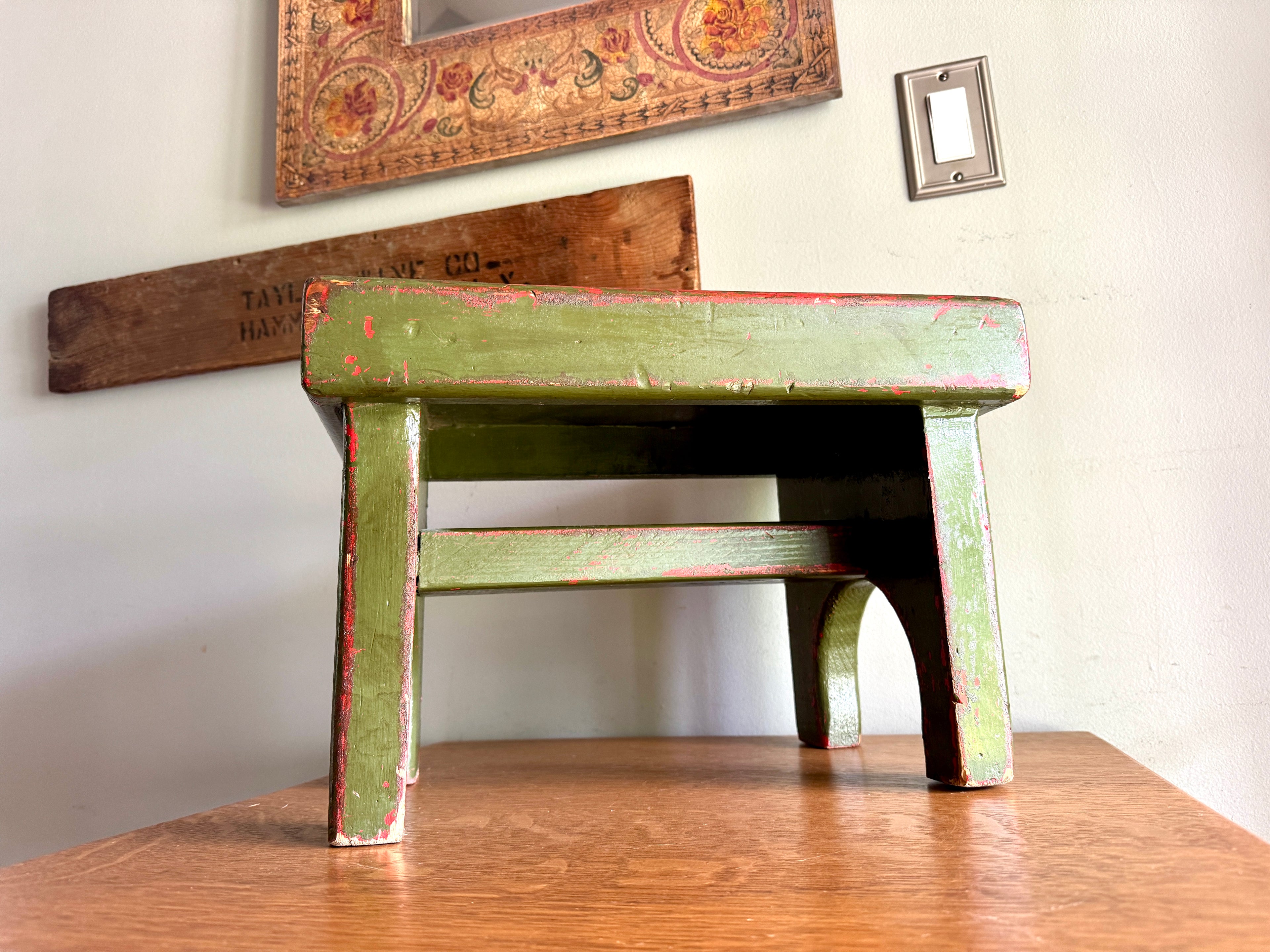 Antique Wooden Stool with Distressed Paint | Primitive Wood Stool | Rustic Green Small Bench | Shabby Chic Distressed Wood Stool