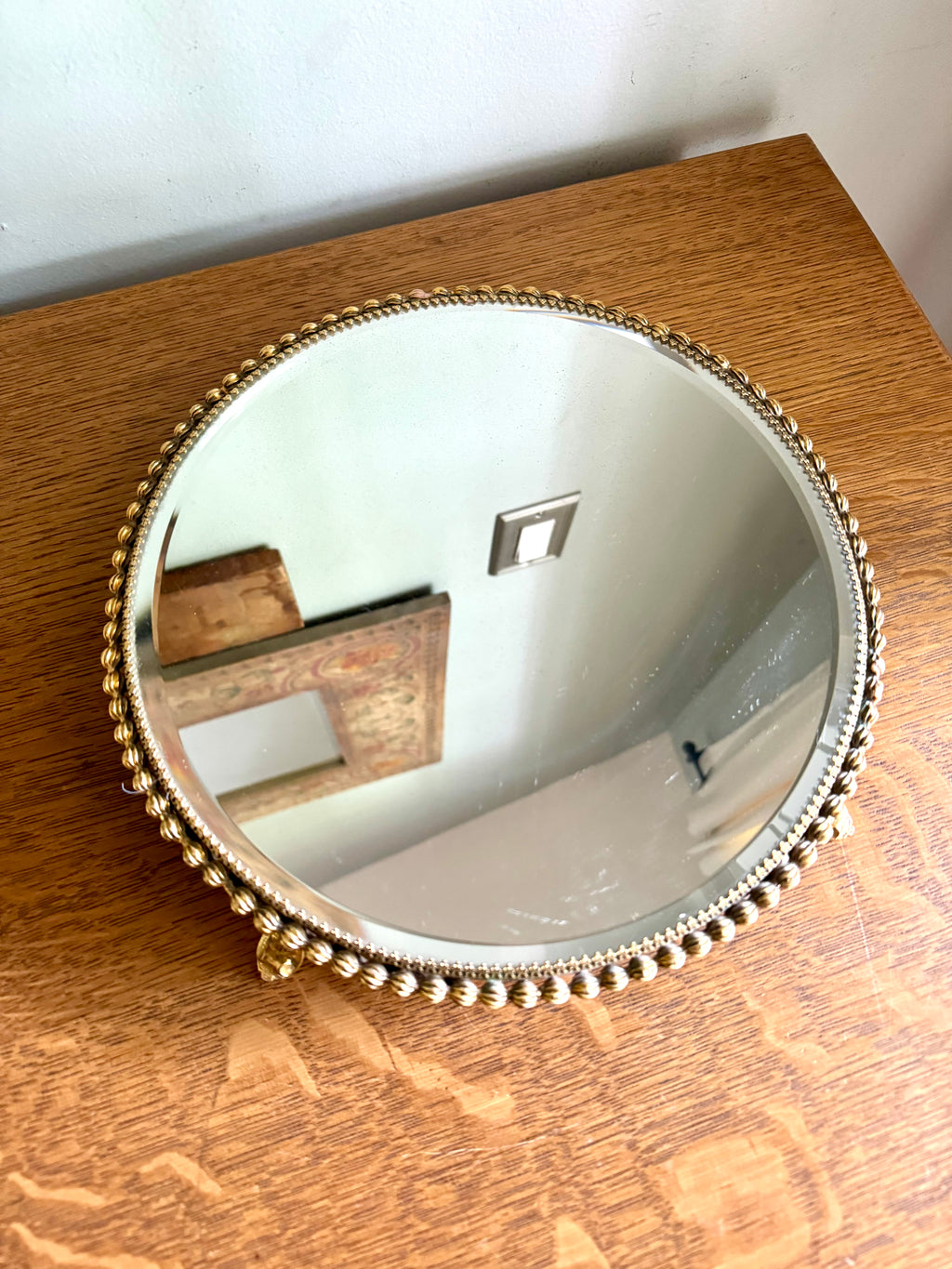 Ornate Gold Filigree Plateau Vanity Tray | Round Beveled Mirrored Vanity Stand | Ornate Filigree Vanity Tray | Hollywood Regency