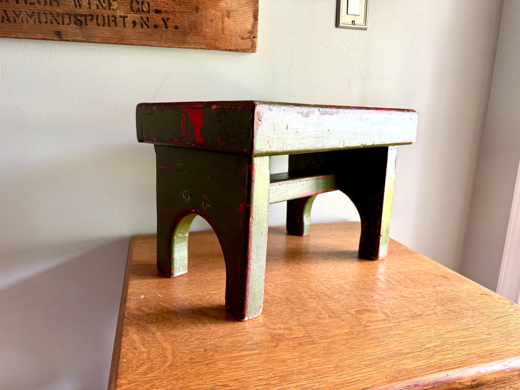 Antique Wooden Stool with Distressed Paint | Primitive Wood Stool | Rustic Green Small Bench | Shabby Chic Distressed Wood Stool