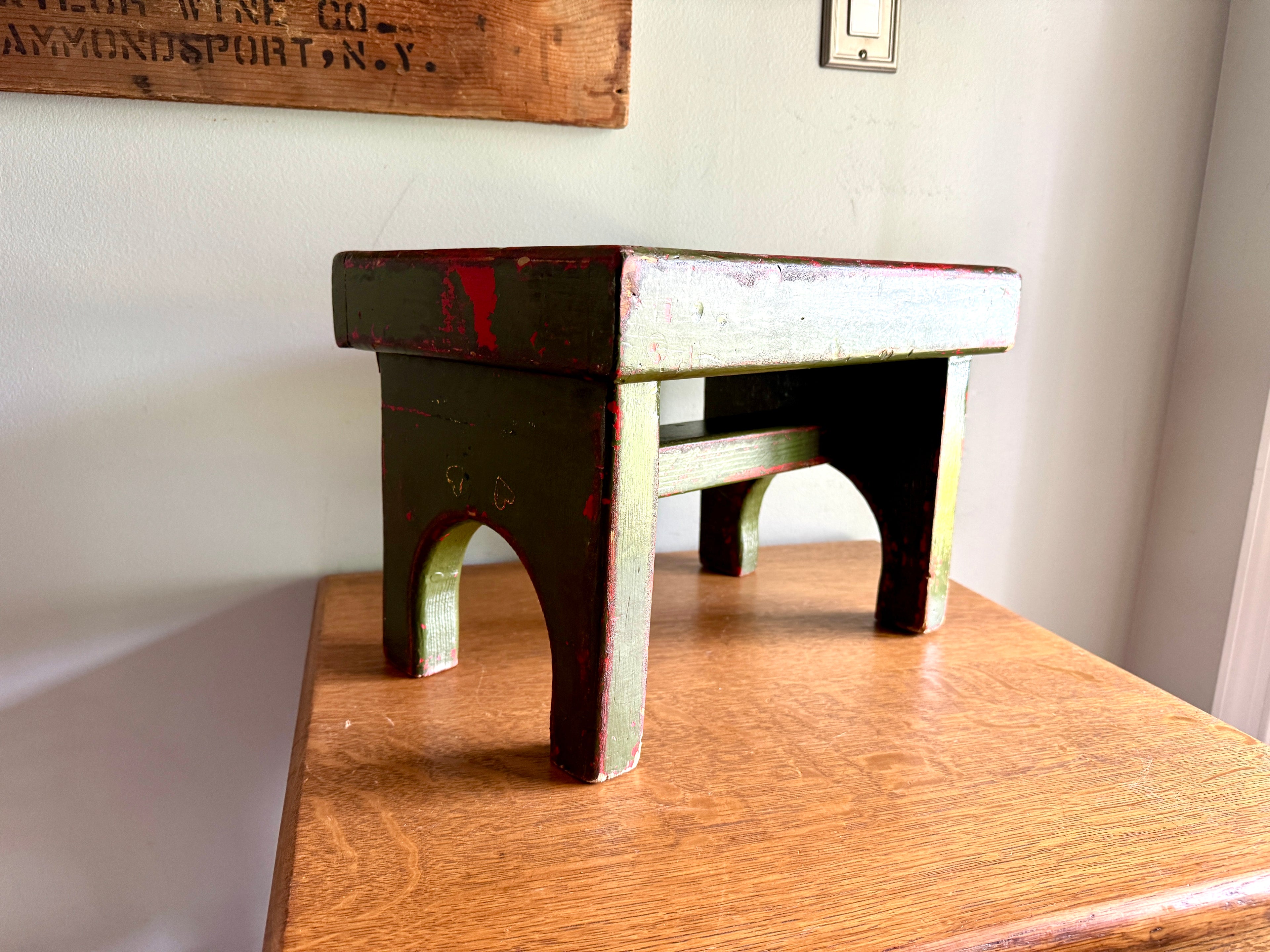 Antique Wooden Stool with Distressed Paint | Primitive Wood Stool | Rustic Green Small Bench | Shabby Chic Distressed Wood Stool