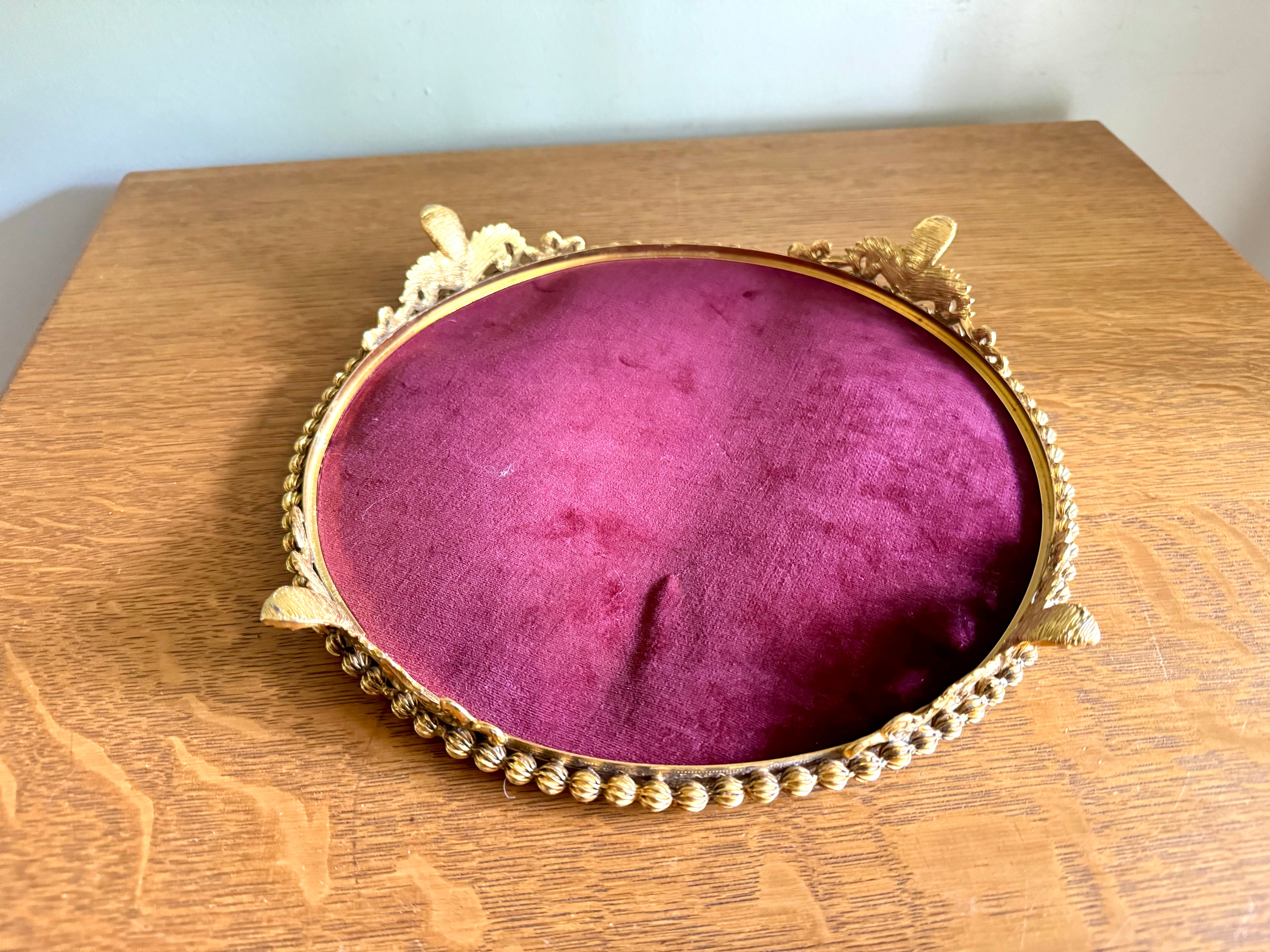 Ornate Gold Filigree Plateau Vanity Tray | Round Beveled Mirrored Vanity Stand | Ornate Filigree Vanity Tray | Hollywood Regency