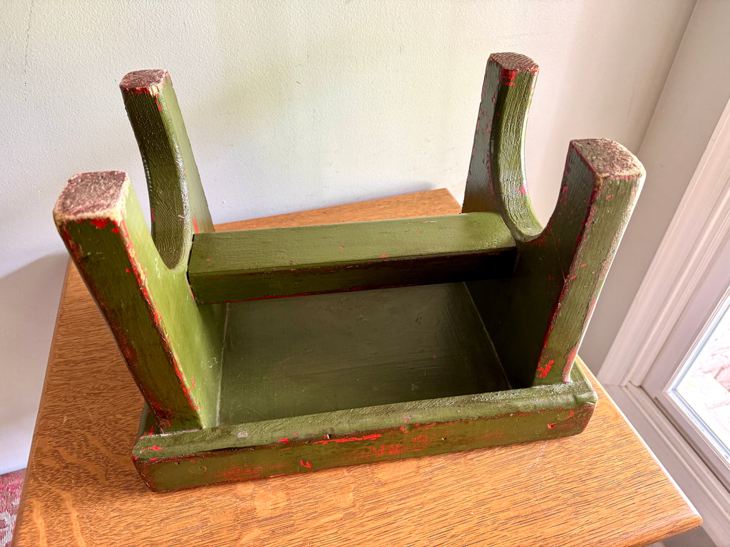 Antique Wooden Stool with Distressed Paint | Primitive Wood Stool | Rustic Green Small Bench | Shabby Chic Distressed Wood Stool