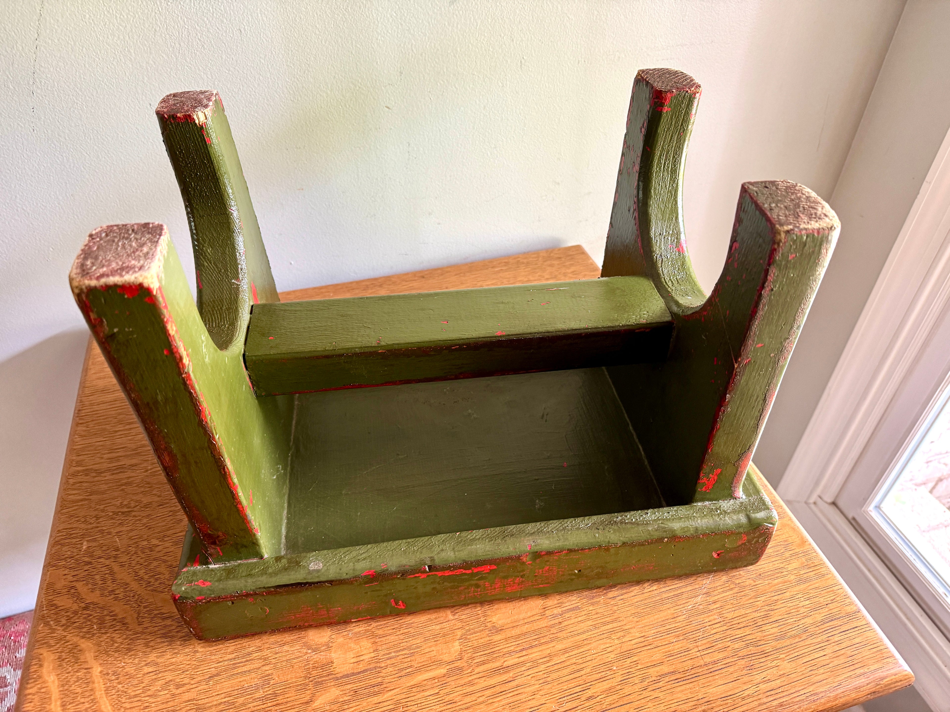 Antique Wooden Stool with Distressed Paint | Primitive Wood Stool | Rustic Green Small Bench | Shabby Chic Distressed Wood Stool