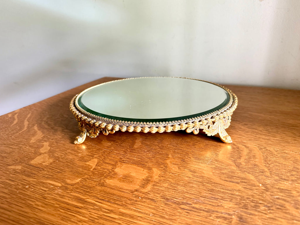 Ornate Gold Filigree Plateau Vanity Tray | Round Beveled Mirrored Vanity Stand | Ornate Filigree Vanity Tray | Hollywood Regency