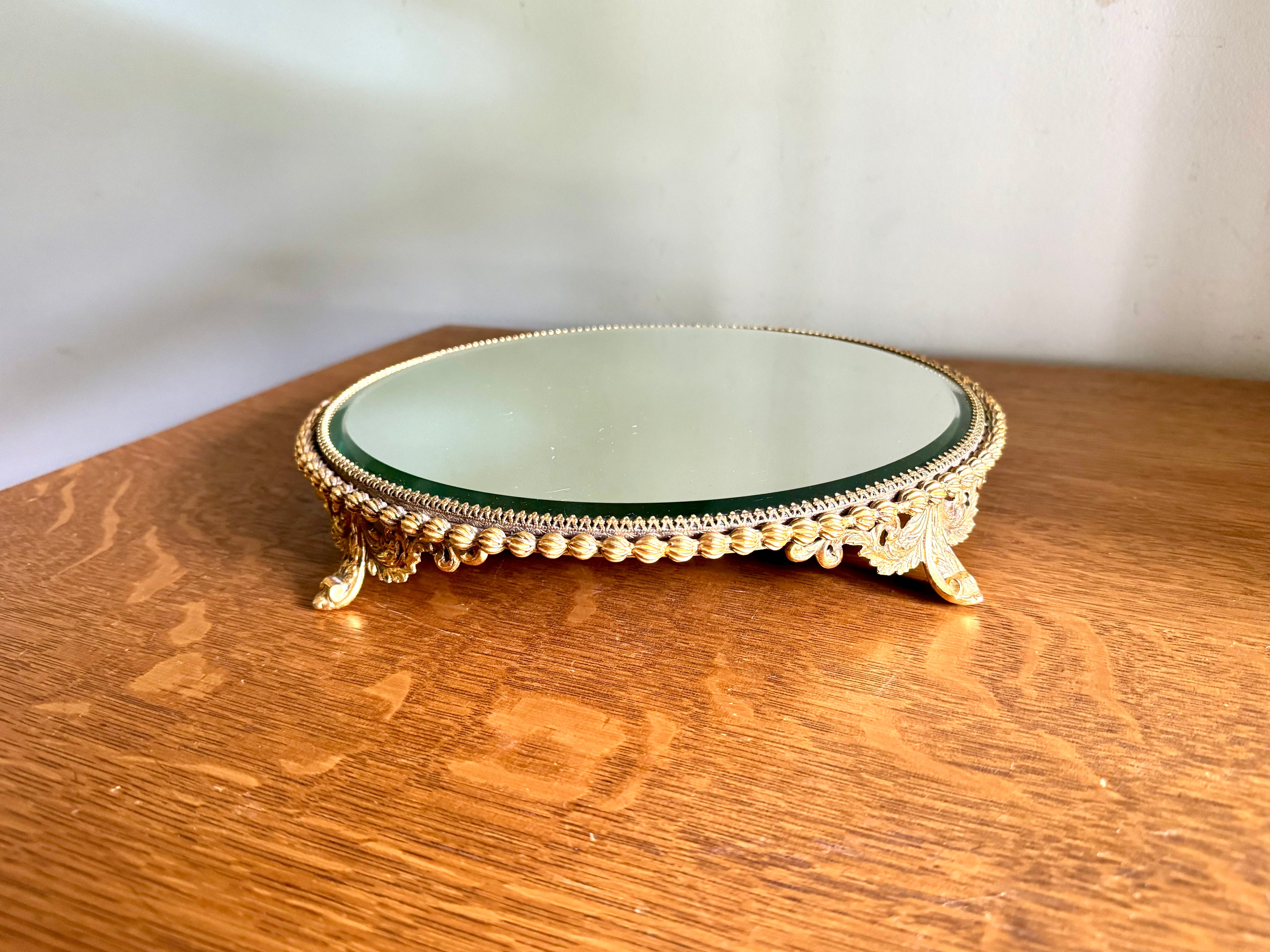 Ornate Gold Filigree Plateau Vanity Tray | Round Beveled Mirrored Vanity Stand | Ornate Filigree Vanity Tray | Hollywood Regency
