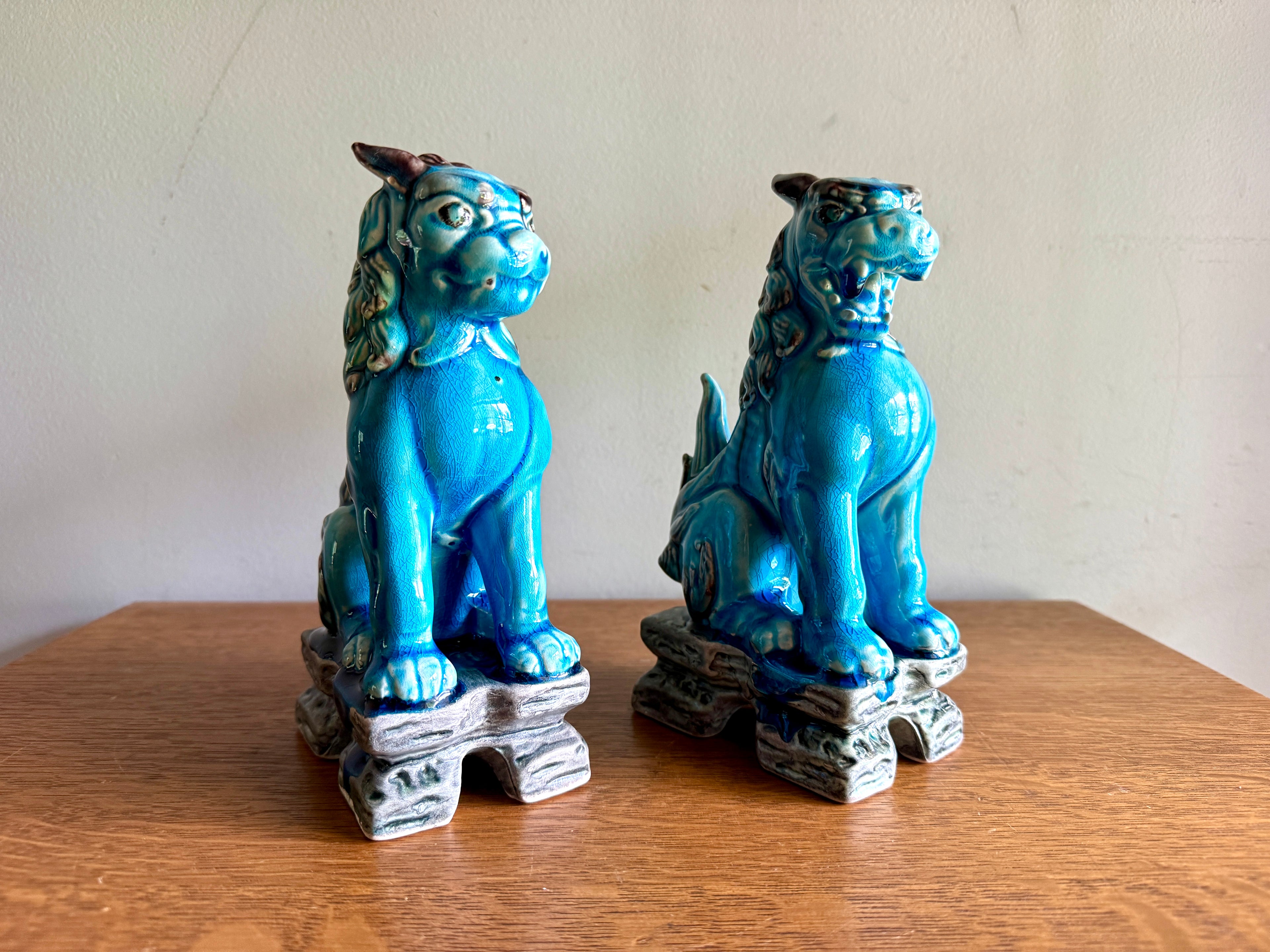 Vintage Andrea by Sadek Turquoise Porcelain Japanese Lion Foo Dogs ~ 8" Ceramic Foo Dogs