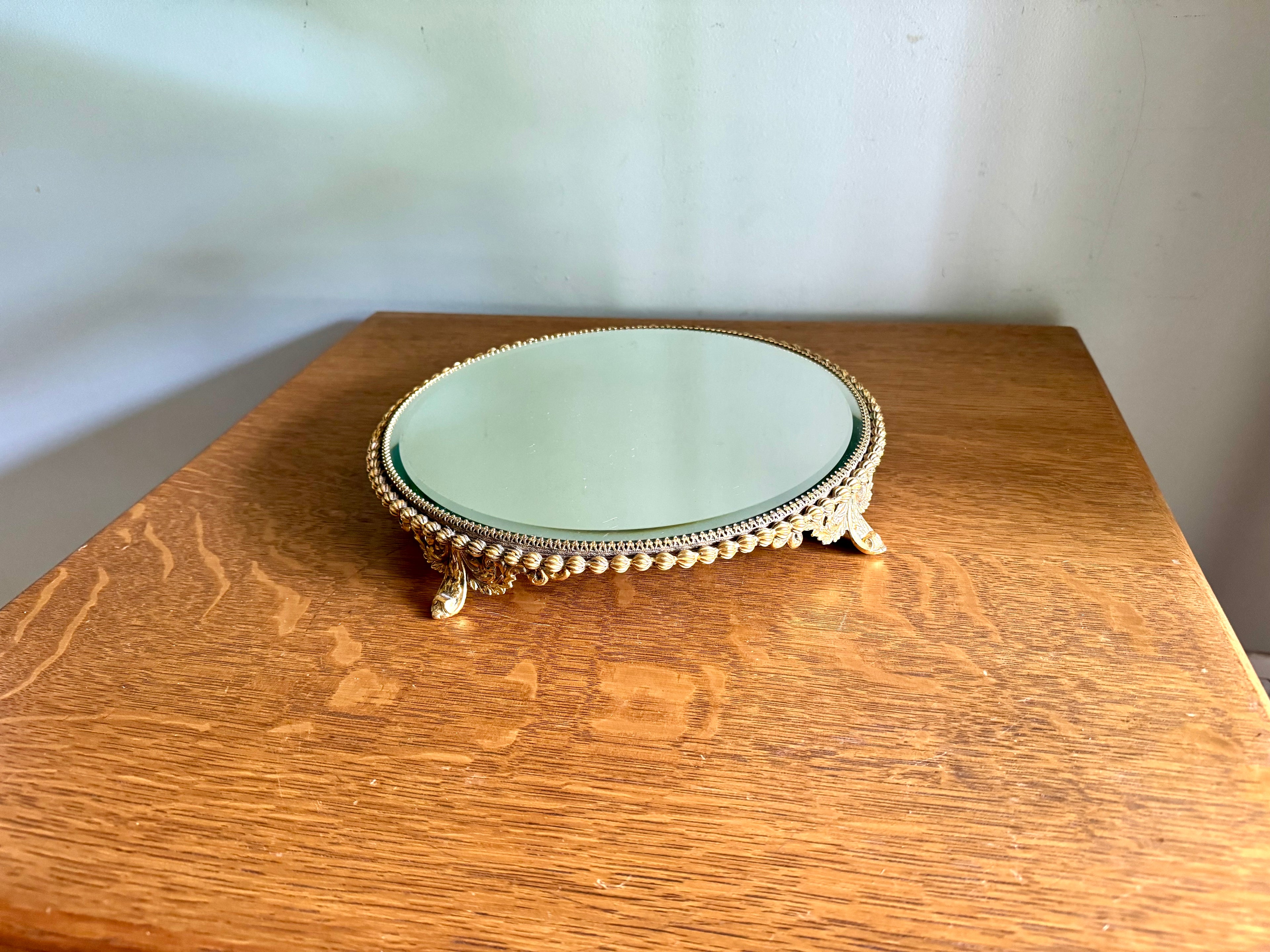 Ornate Gold Filigree Plateau Vanity Tray | Round Beveled Mirrored Vanity Stand | Ornate Filigree Vanity Tray | Hollywood Regency