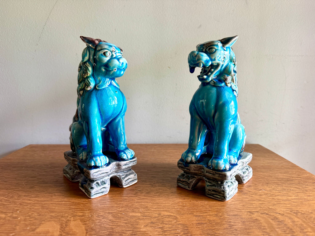 Vintage Andrea by Sadek Turquoise Porcelain Japanese Lion Foo Dogs ~ 8" Ceramic Foo Dogs