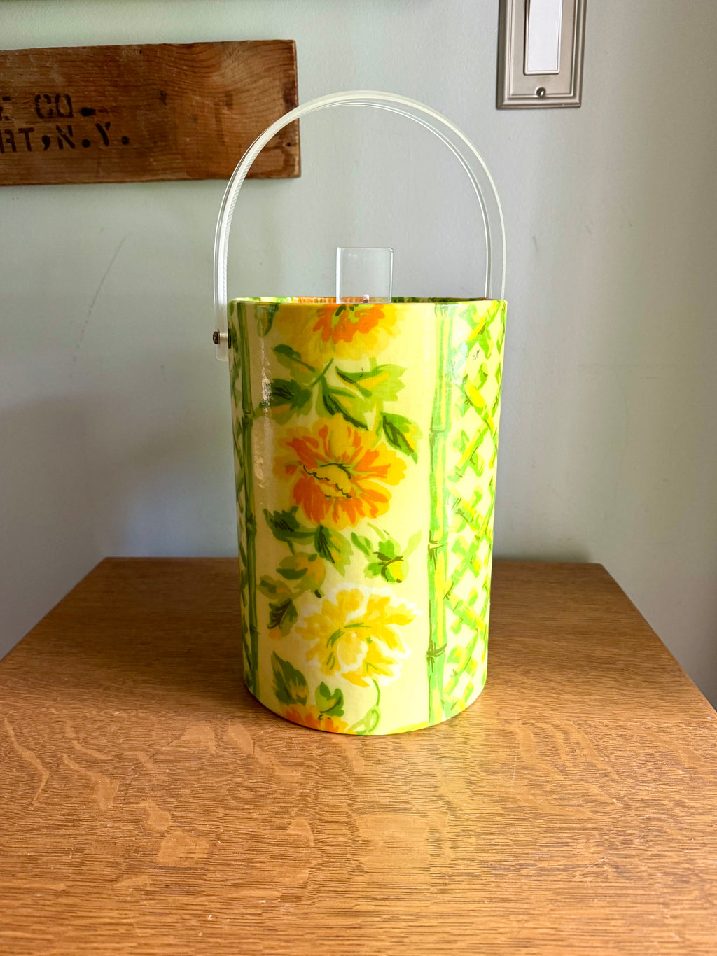 Yellow Tropical Bamboo and Floral Themed Ice Bucket | Tiki Bar Ice Bucket | Boho Tropical Insulated Ice Bucket | MCM Ice Cooler