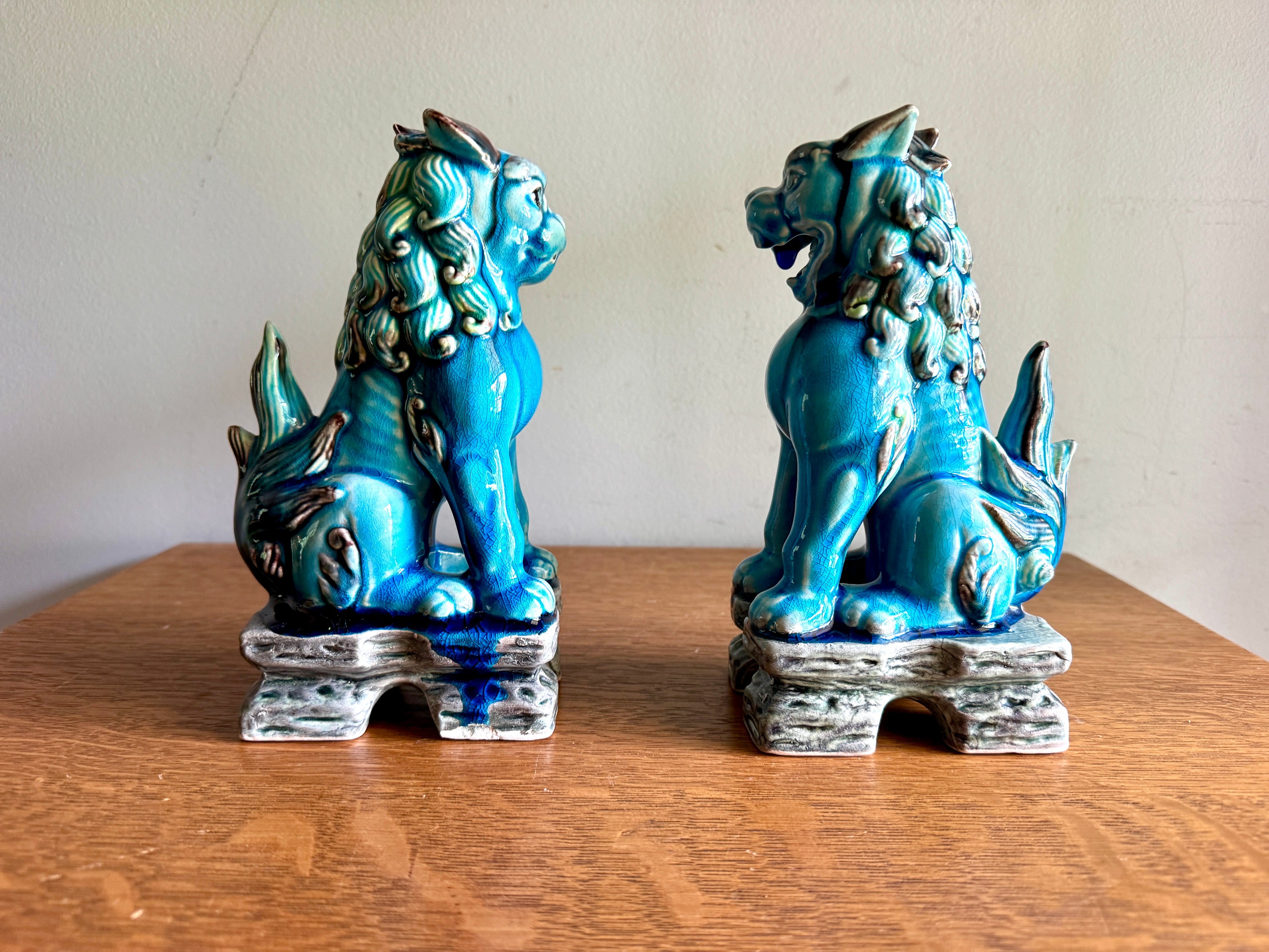 Vintage Andrea by Sadek Turquoise Porcelain Japanese Lion Foo Dogs ~ 8" Ceramic Foo Dogs