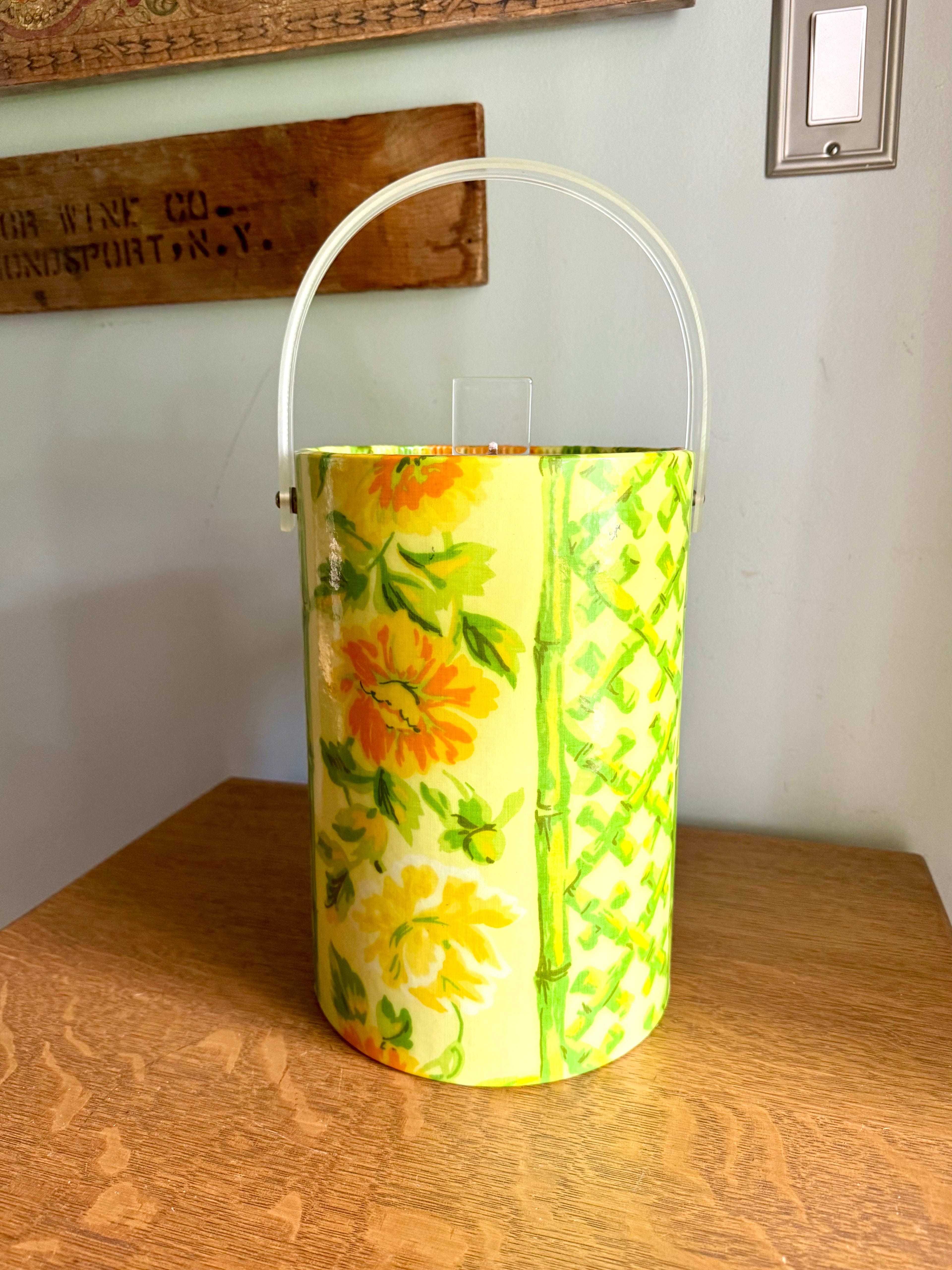 Yellow Tropical Bamboo and Floral Themed Ice Bucket | Tiki Bar Ice Bucket | Boho Tropical Insulated Ice Bucket | MCM Ice Cooler