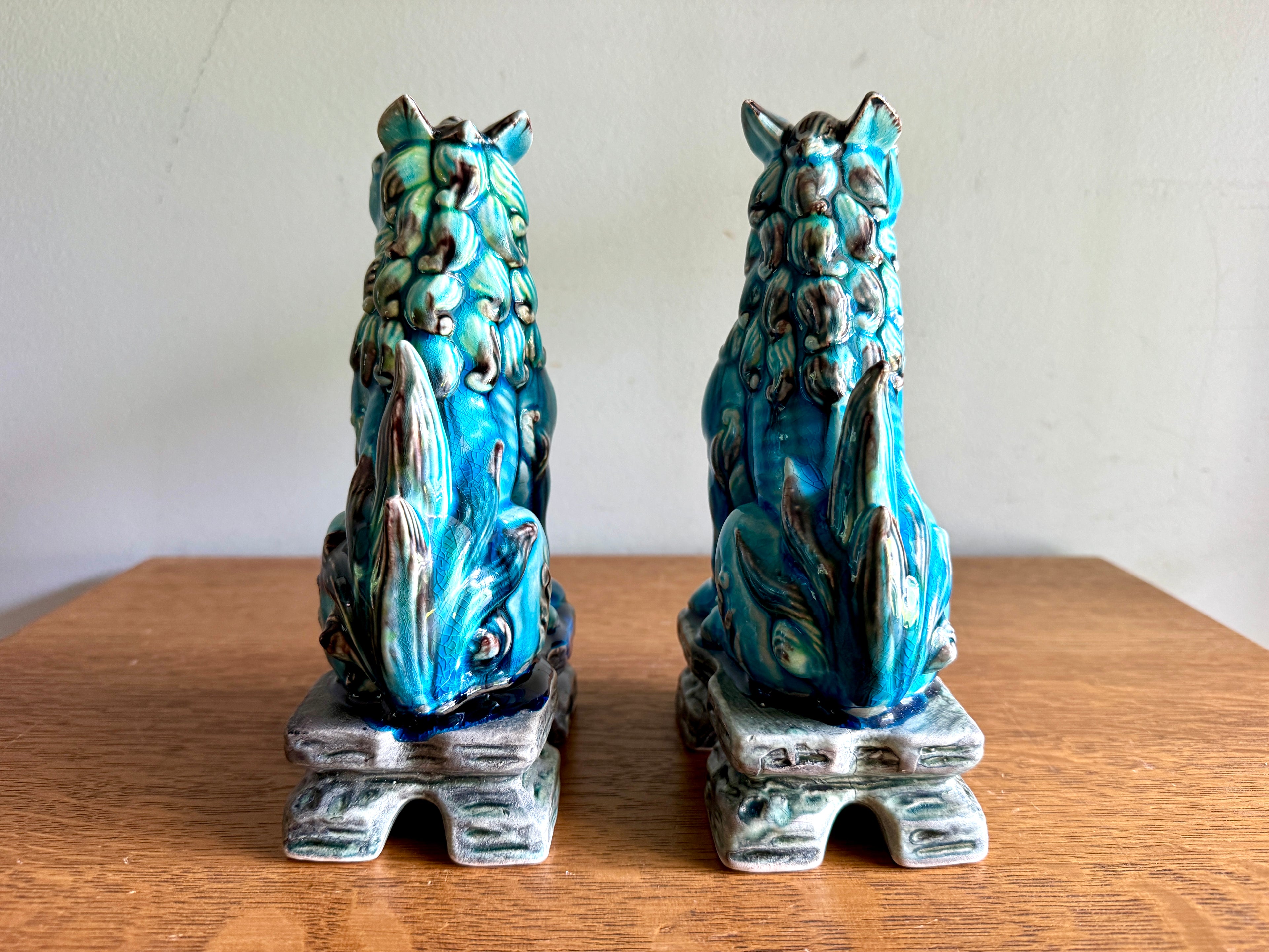 Vintage Andrea by Sadek Turquoise Porcelain Japanese Lion Foo Dogs ~ 8" Ceramic Foo Dogs
