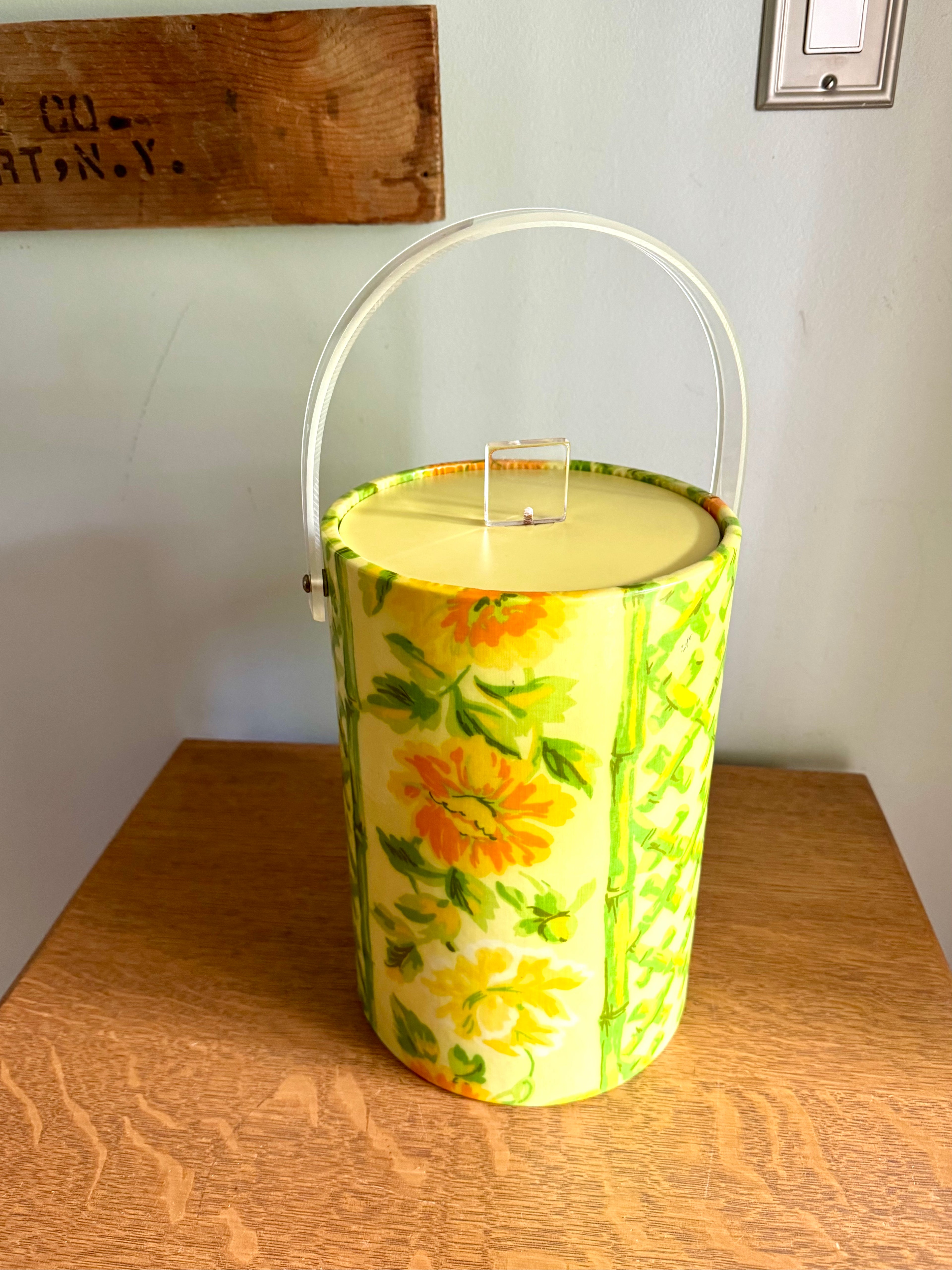 Yellow Tropical Bamboo and Floral Themed Ice Bucket | Tiki Bar Ice Bucket | Boho Tropical Insulated Ice Bucket | MCM Ice Cooler
