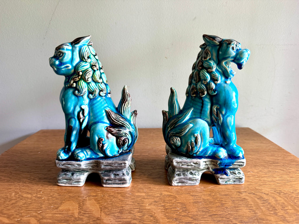 Vintage Andrea by Sadek Turquoise Porcelain Japanese Lion Foo Dogs ~ 8" Ceramic Foo Dogs