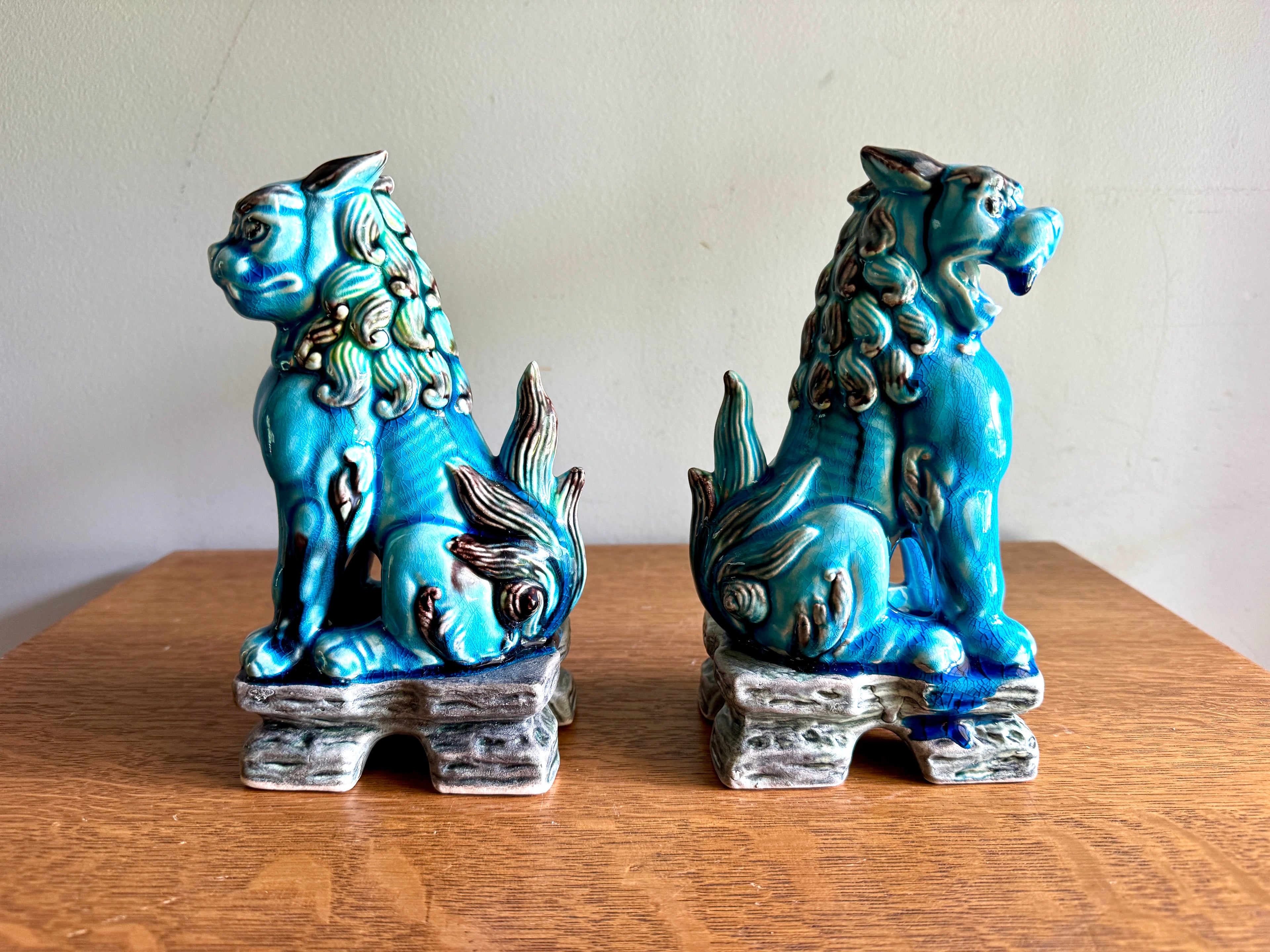 Vintage Andrea by Sadek Turquoise Porcelain Japanese Lion Foo Dogs ~ 8" Ceramic Foo Dogs