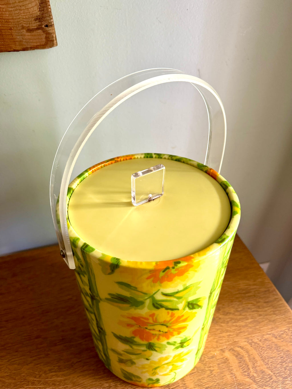Yellow Tropical Bamboo and Floral Themed Ice Bucket | Tiki Bar Ice Bucket | Boho Tropical Insulated Ice Bucket | MCM Ice Cooler