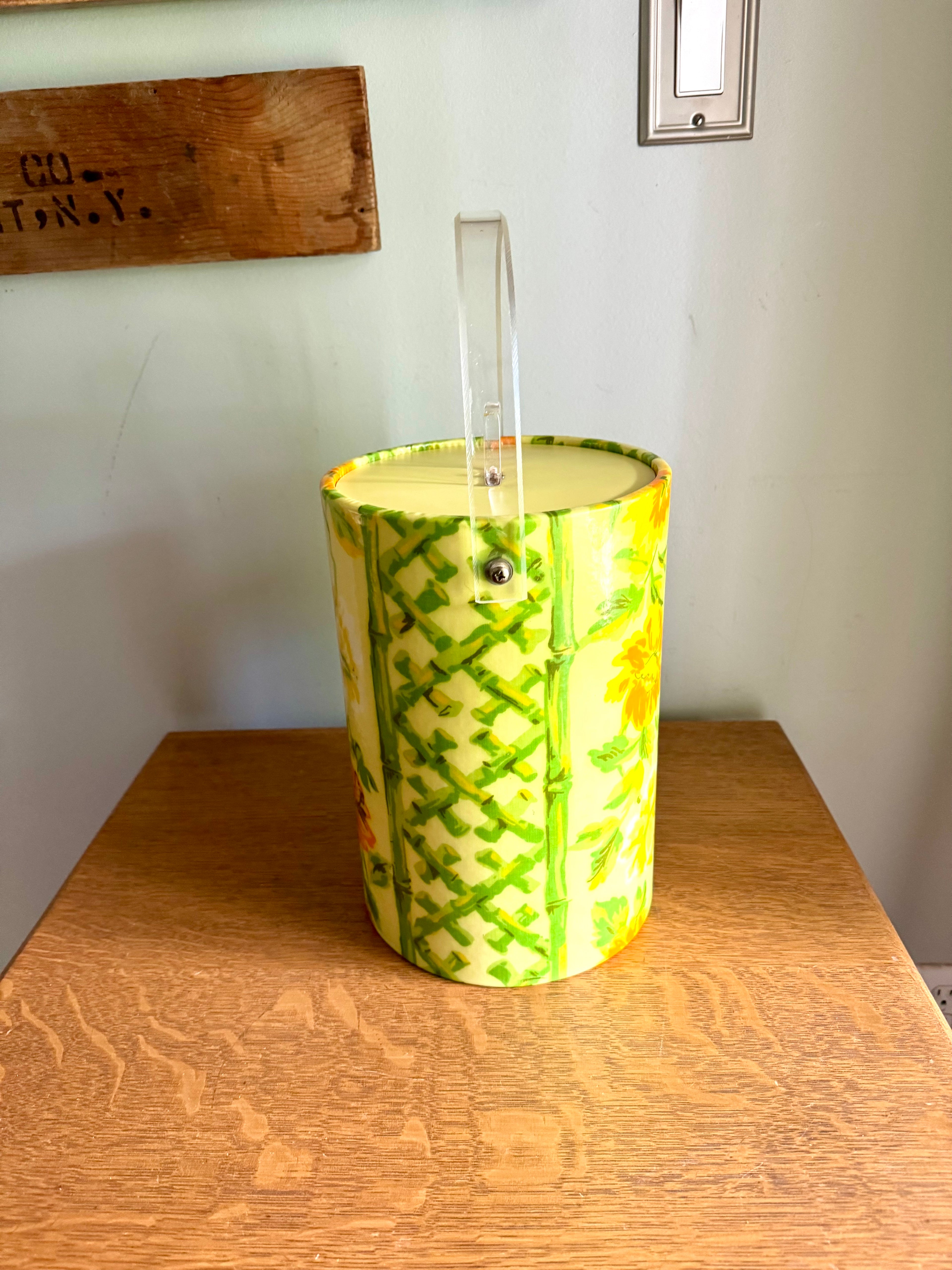 Yellow Tropical Bamboo and Floral Themed Ice Bucket | Tiki Bar Ice Bucket | Boho Tropical Insulated Ice Bucket | MCM Ice Cooler