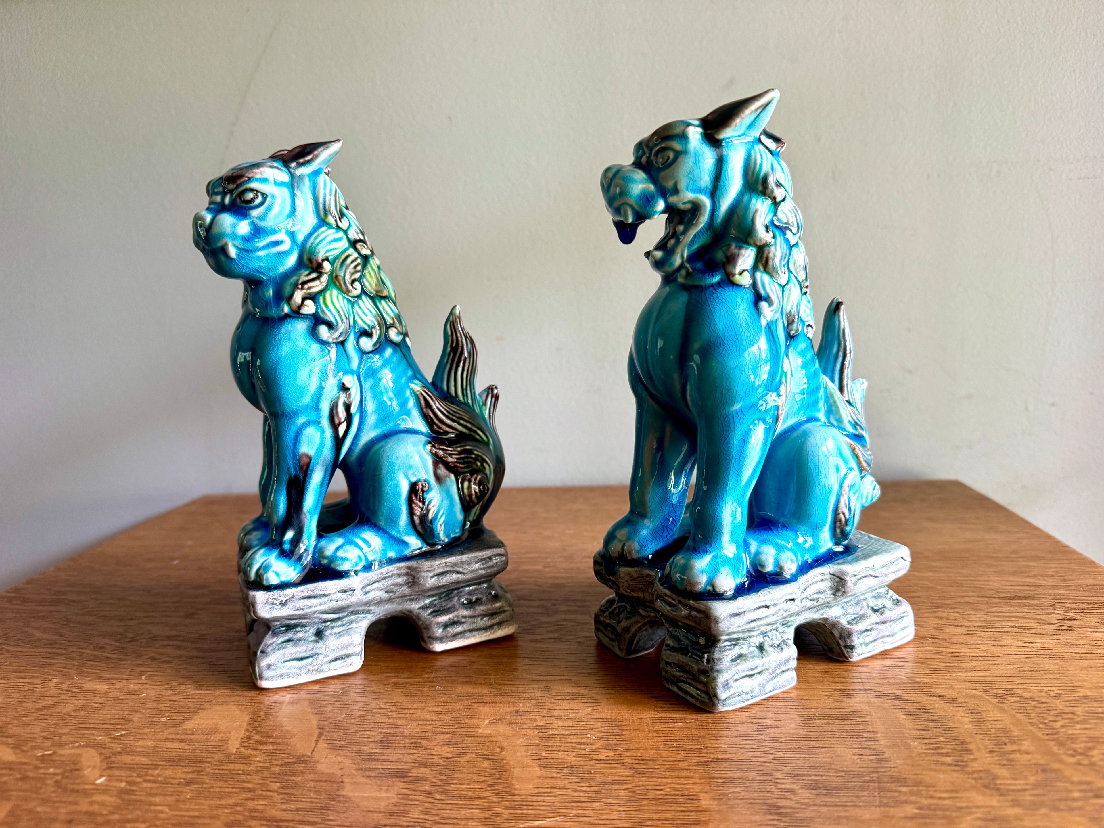 Vintage Andrea by Sadek Turquoise Porcelain Japanese Lion Foo Dogs ~ 8" Ceramic Foo Dogs