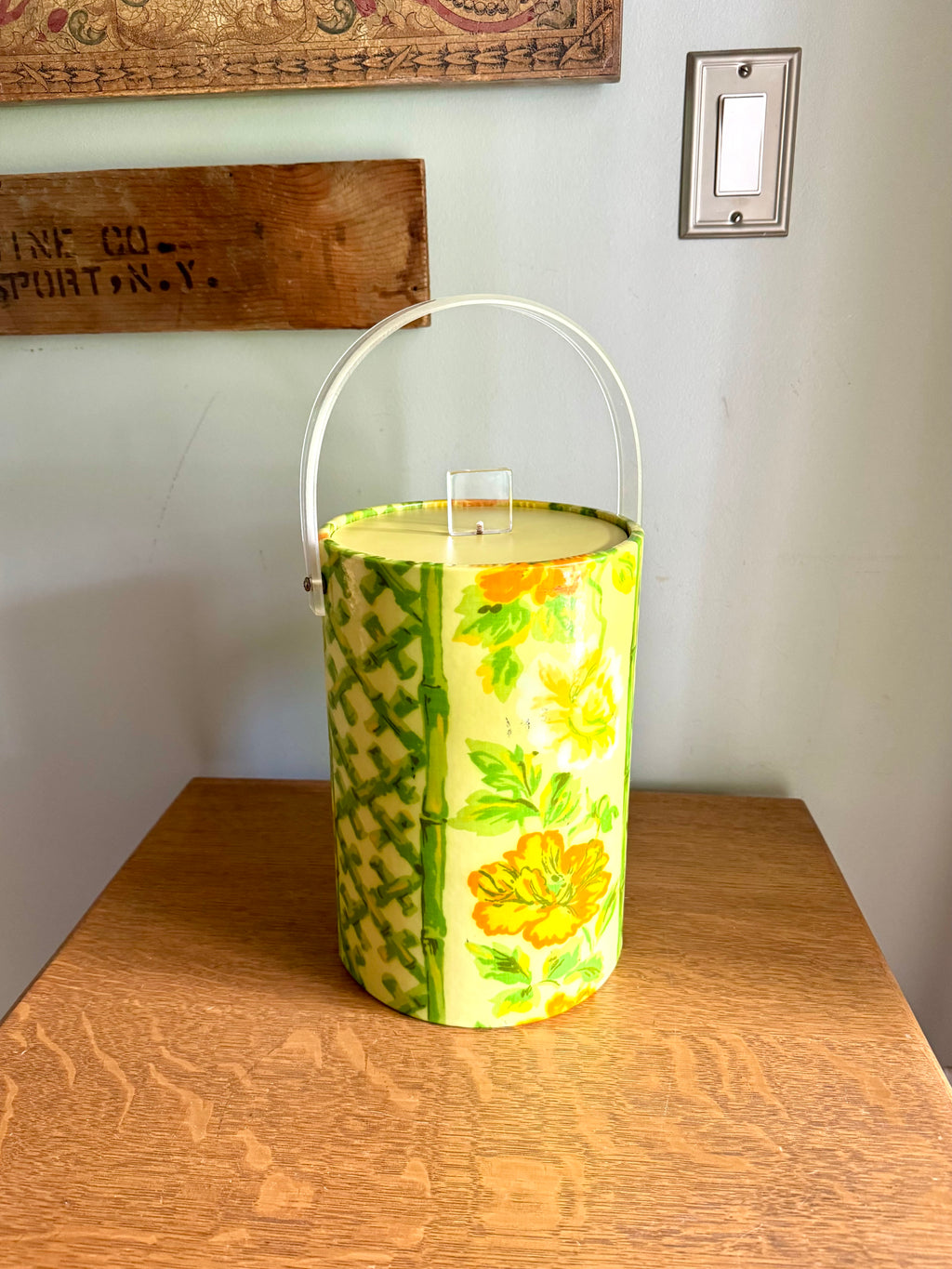 Yellow Tropical Bamboo and Floral Themed Ice Bucket | Tiki Bar Ice Bucket | Boho Tropical Insulated Ice Bucket | MCM Ice Cooler