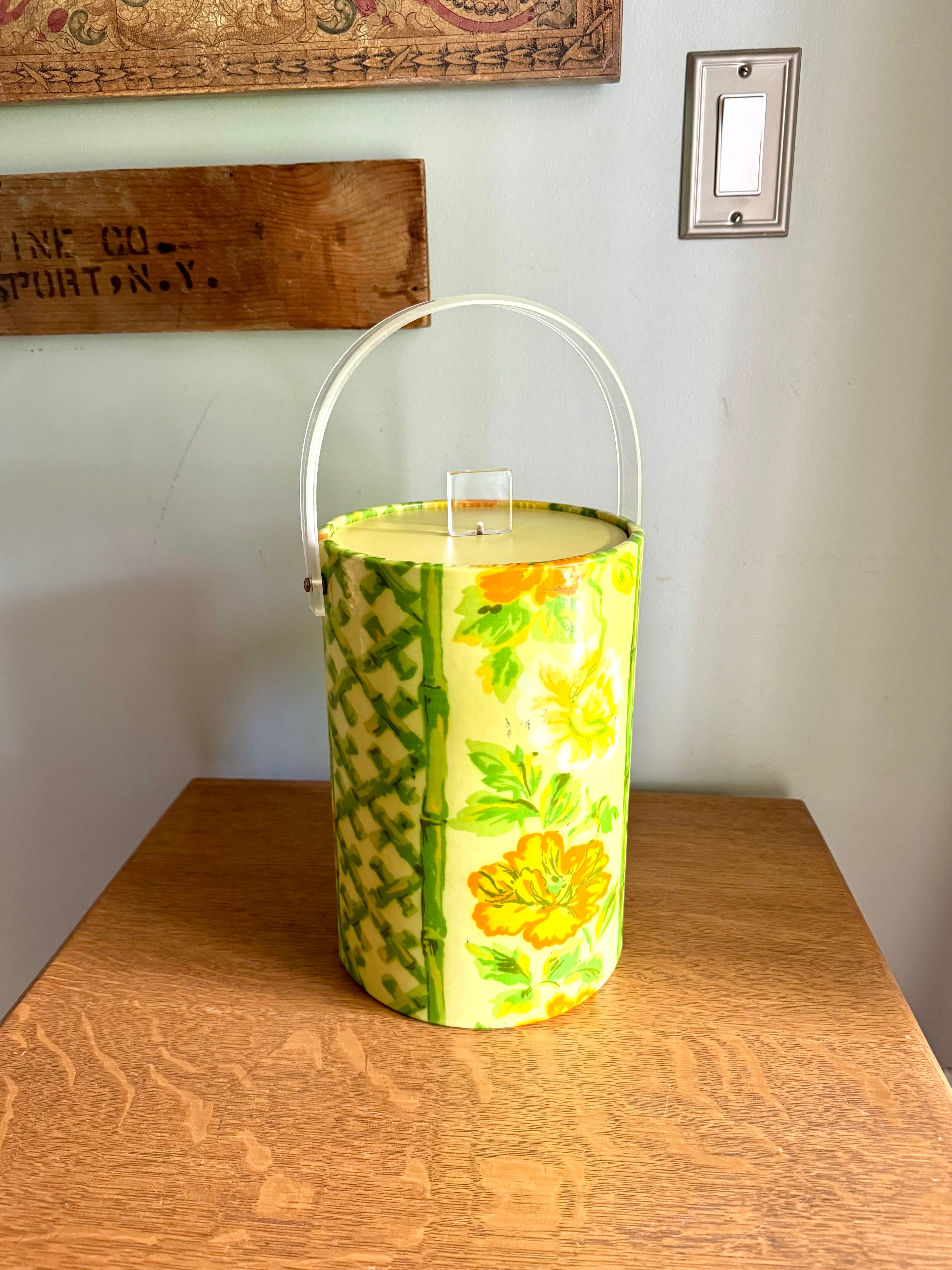 Yellow Tropical Bamboo and Floral Themed Ice Bucket | Tiki Bar Ice Bucket | Boho Tropical Insulated Ice Bucket | MCM Ice Cooler