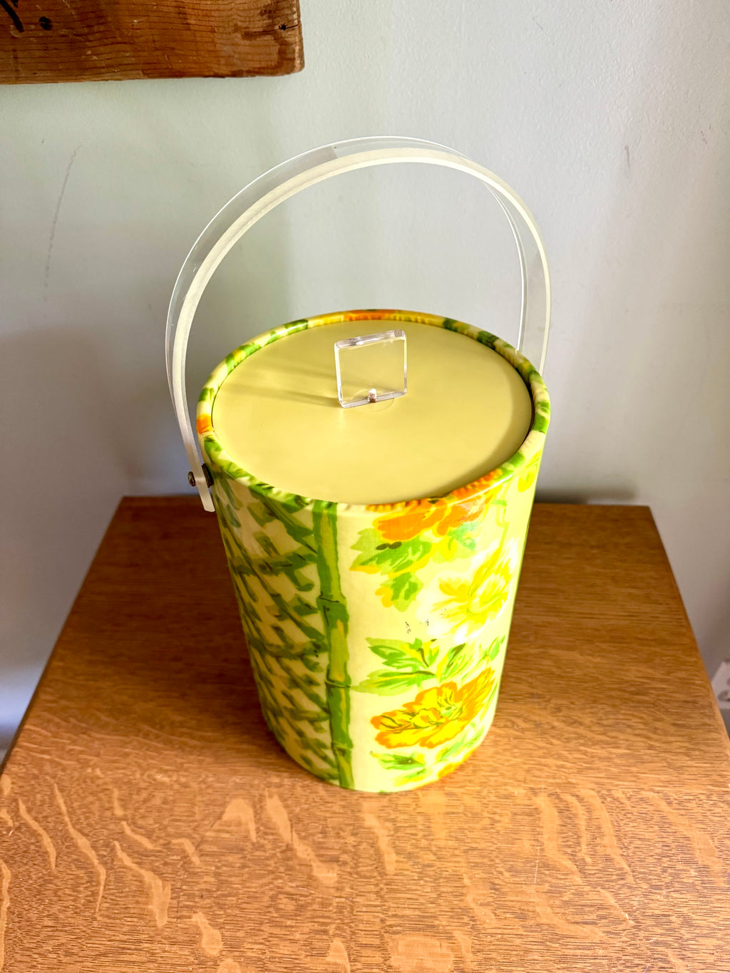 Yellow Tropical Bamboo and Floral Themed Ice Bucket | Tiki Bar Ice Bucket | Boho Tropical Insulated Ice Bucket | MCM Ice Cooler