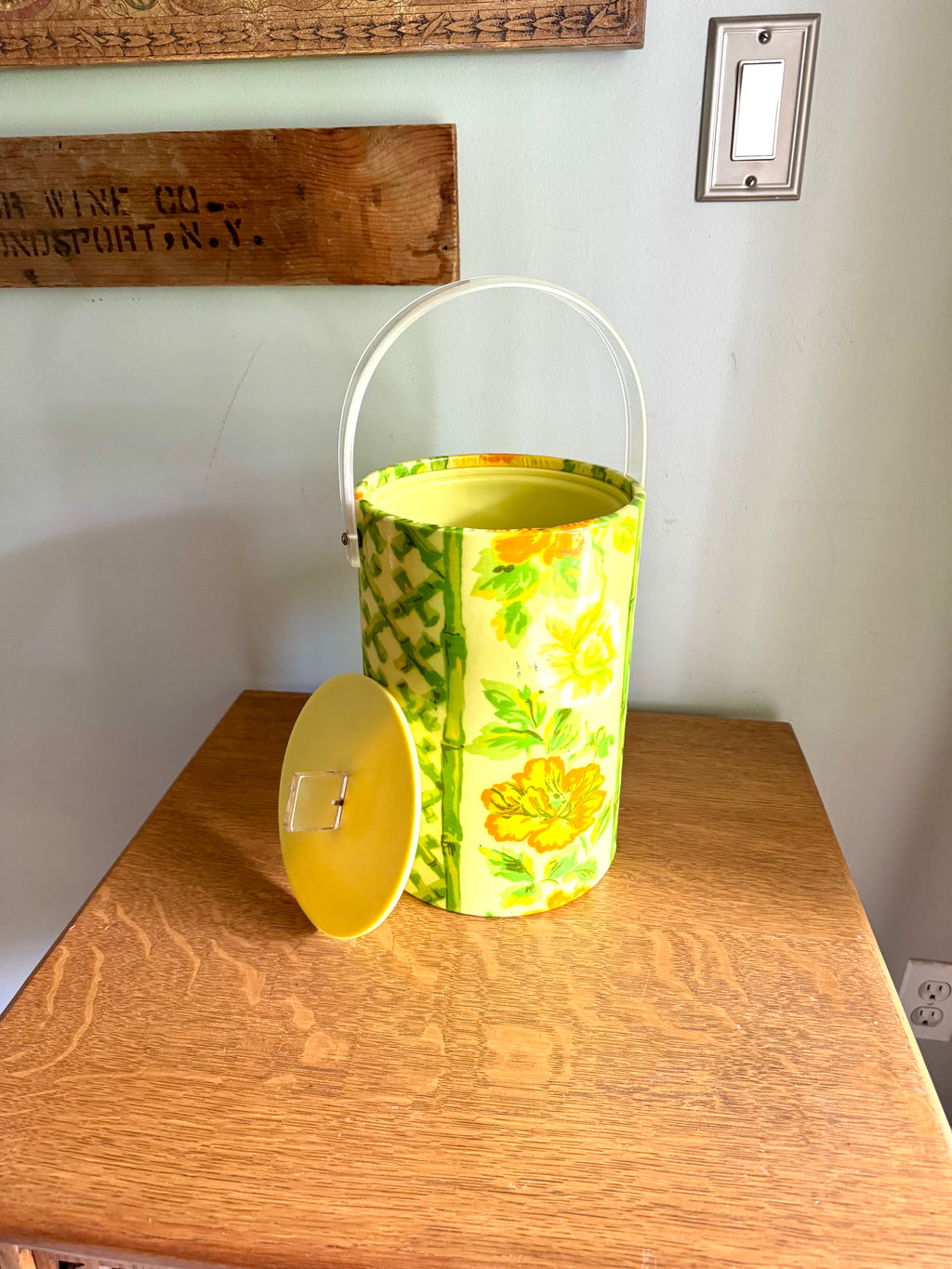 Yellow Tropical Bamboo and Floral Themed Ice Bucket | Tiki Bar Ice Bucket | Boho Tropical Insulated Ice Bucket | MCM Ice Cooler