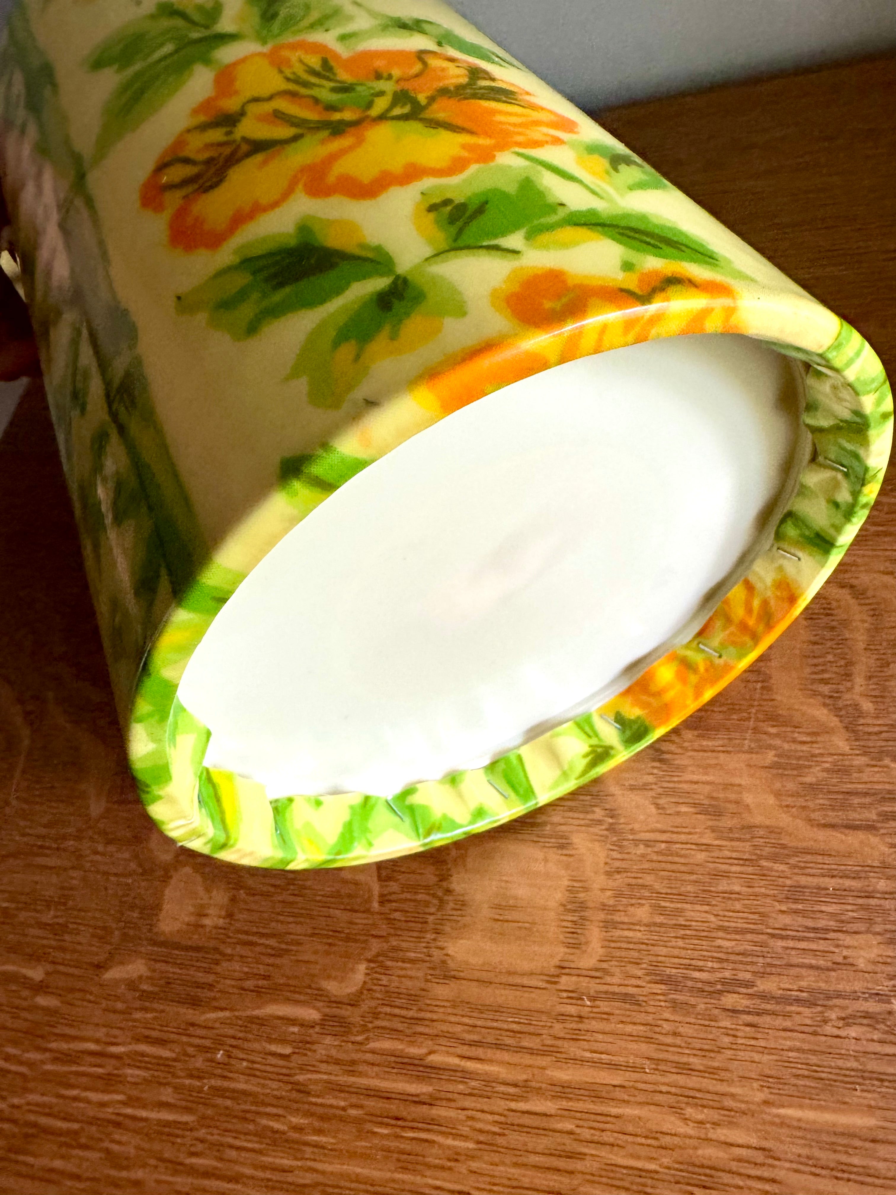 Yellow Tropical Bamboo and Floral Themed Ice Bucket | Tiki Bar Ice Bucket | Boho Tropical Insulated Ice Bucket | MCM Ice Cooler