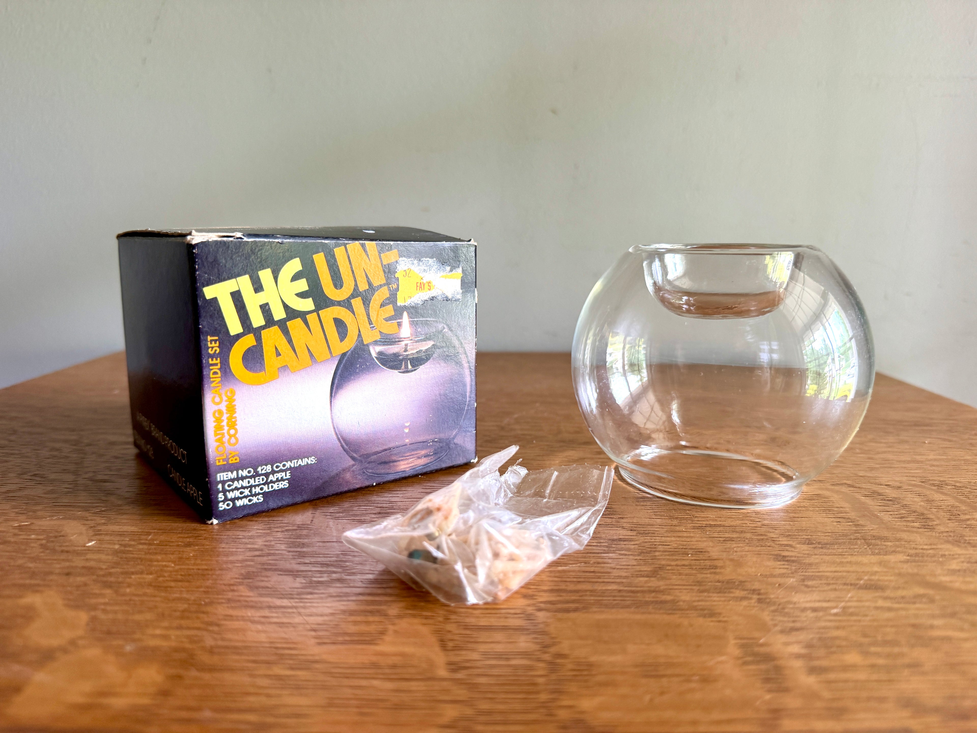 Vintage Pyrex Corning Un-candle ~ 1970's Candle Apple Floating Clear Glass Globe in Org. Box