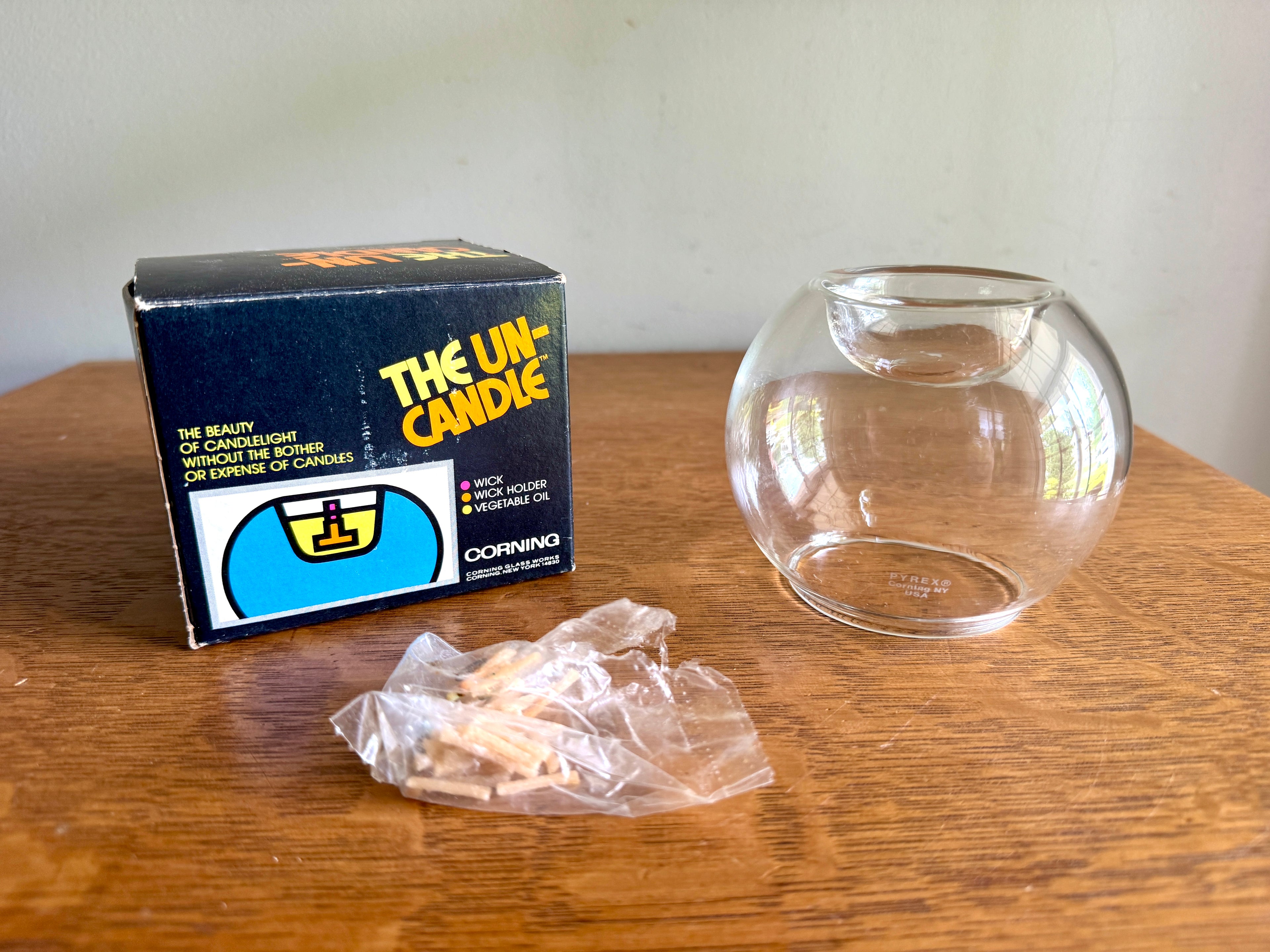 Vintage Pyrex Corning Un-candle ~ 1970's Candle Apple Floating Clear Glass Globe in Org. Box