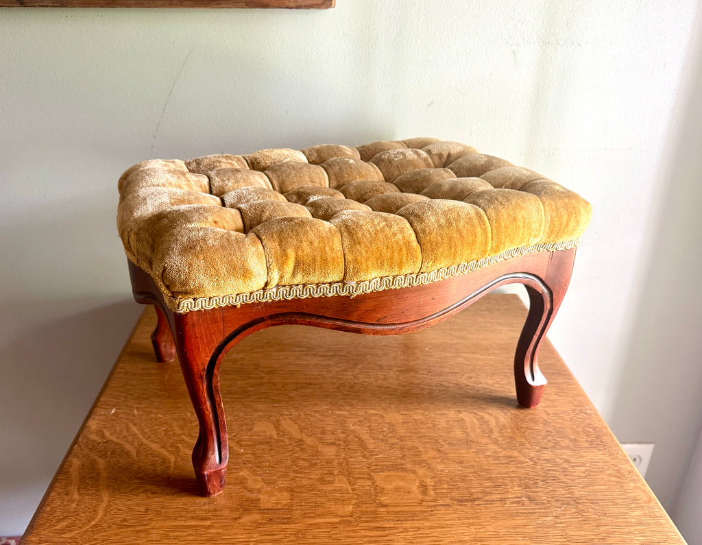 Antique French Country Style Button-Tufted Gold Velvet Cushion Foot Stool ~ Queen Anne Style Wooden Stool