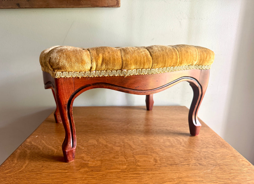 Antique French Country Style Button-Tufted Gold Velvet Cushion Foot Stool ~ Queen Anne Style Wooden Stool