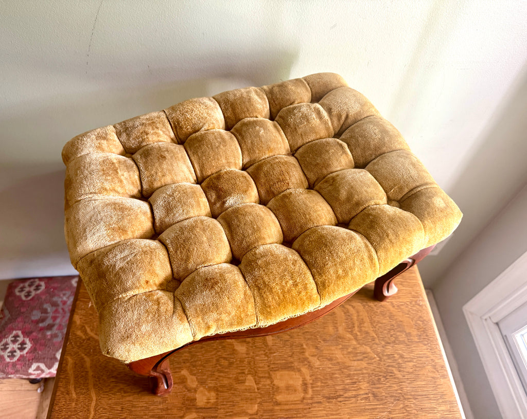 Antique French Country Style Button-Tufted Gold Velvet Cushion Foot Stool ~ Queen Anne Style Wooden Stool