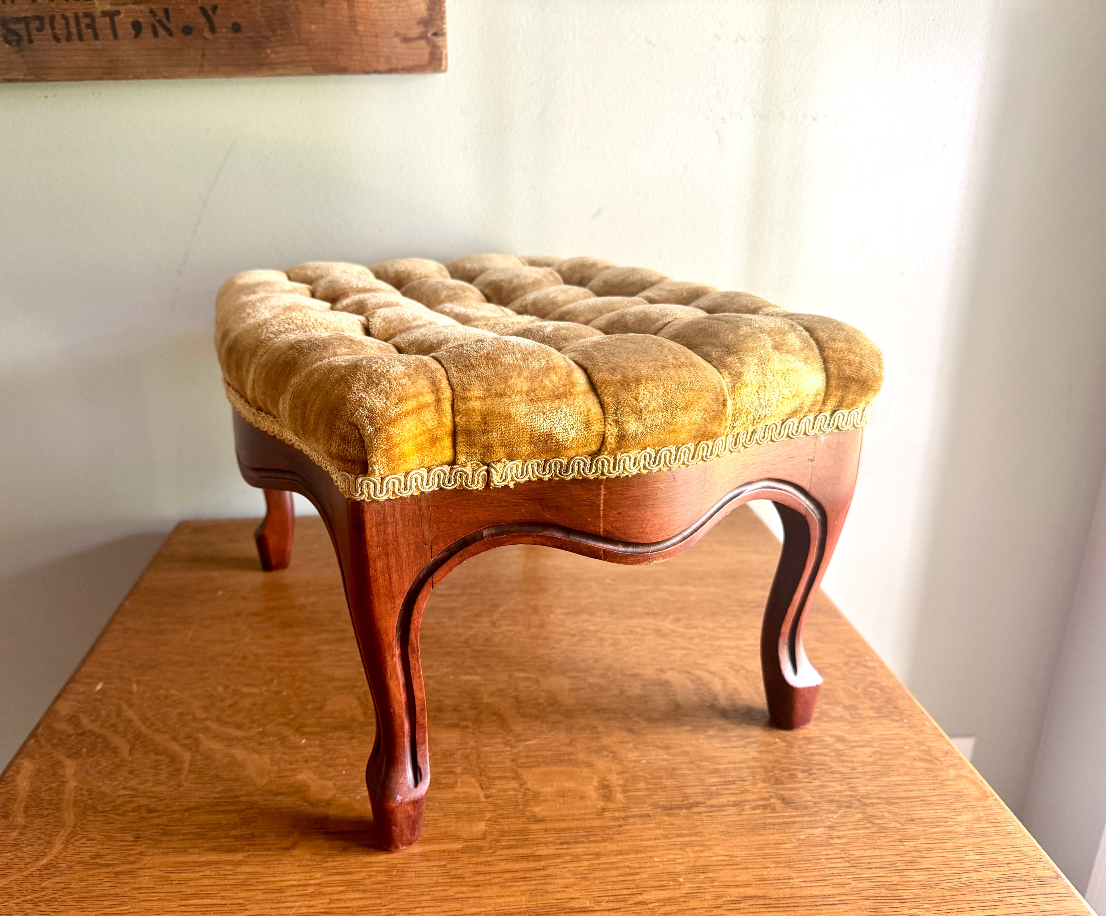Antique French Country Style Button-Tufted Gold Velvet Cushion Foot Stool ~ Queen Anne Style Wooden Stool