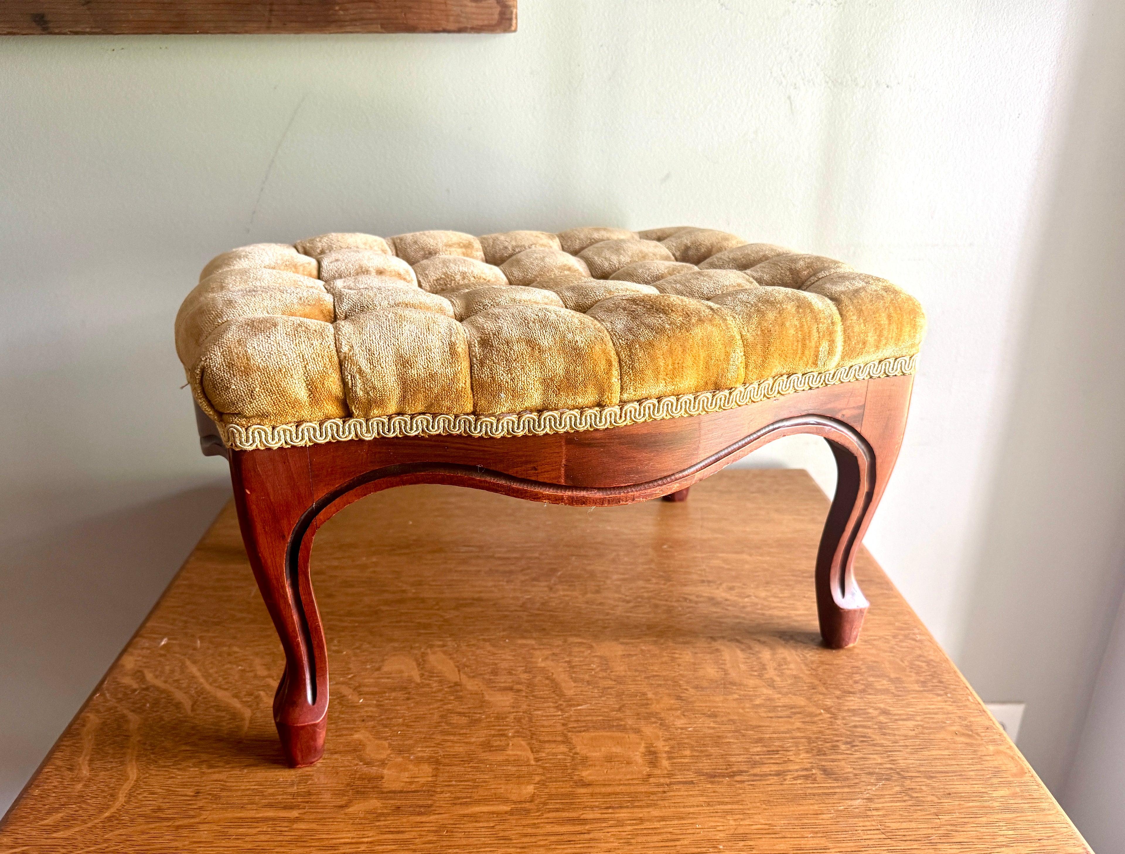 Antique French Country Style Button-Tufted Gold Velvet Cushion Foot Stool ~ Queen Anne Style Wooden Stool