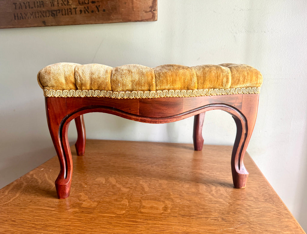 Antique French Country Style Button-Tufted Gold Velvet Cushion Foot Stool ~ Queen Anne Style Wooden Stool