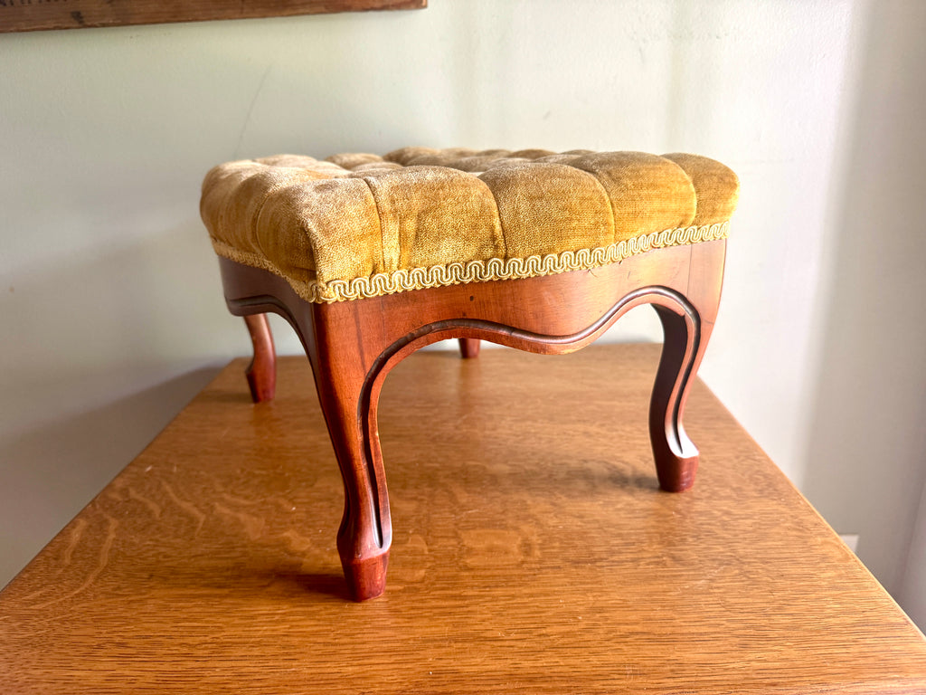 Antique French Country Style Button-Tufted Gold Velvet Cushion Foot Stool ~ Queen Anne Style Wooden Stool