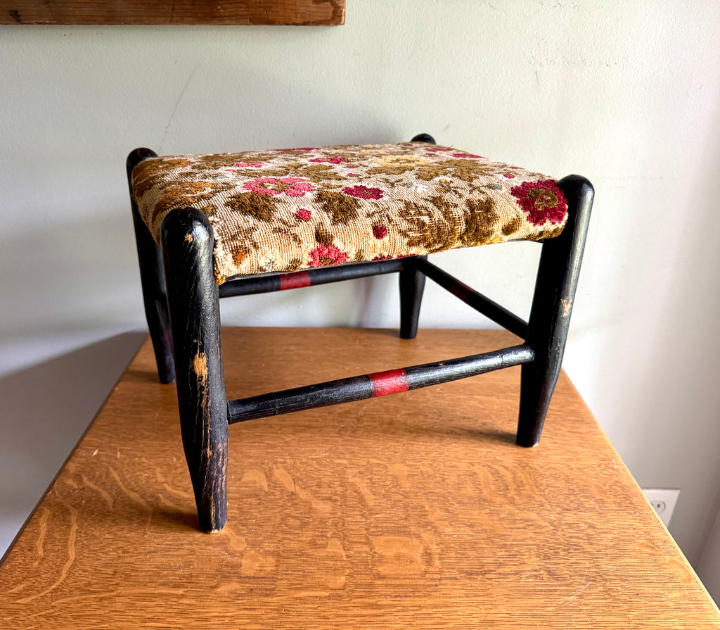 Antique Turned Wood Footstool With Floral Tapestry Top ~ Distressed Antique Wood Floral Footstool