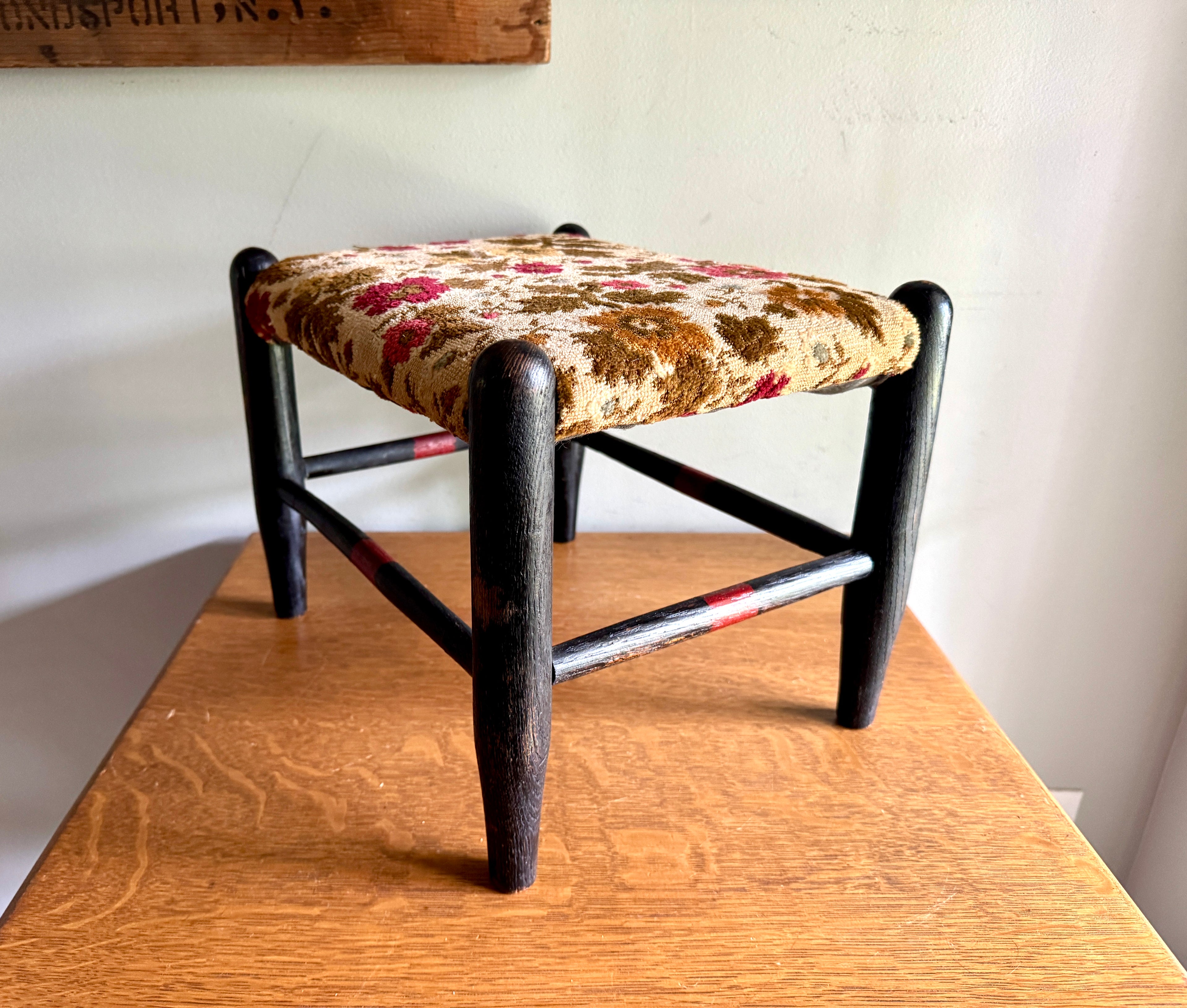 Antique Turned Wood Footstool With Floral Tapestry Top ~ Distressed Antique Wood Floral Footstool
