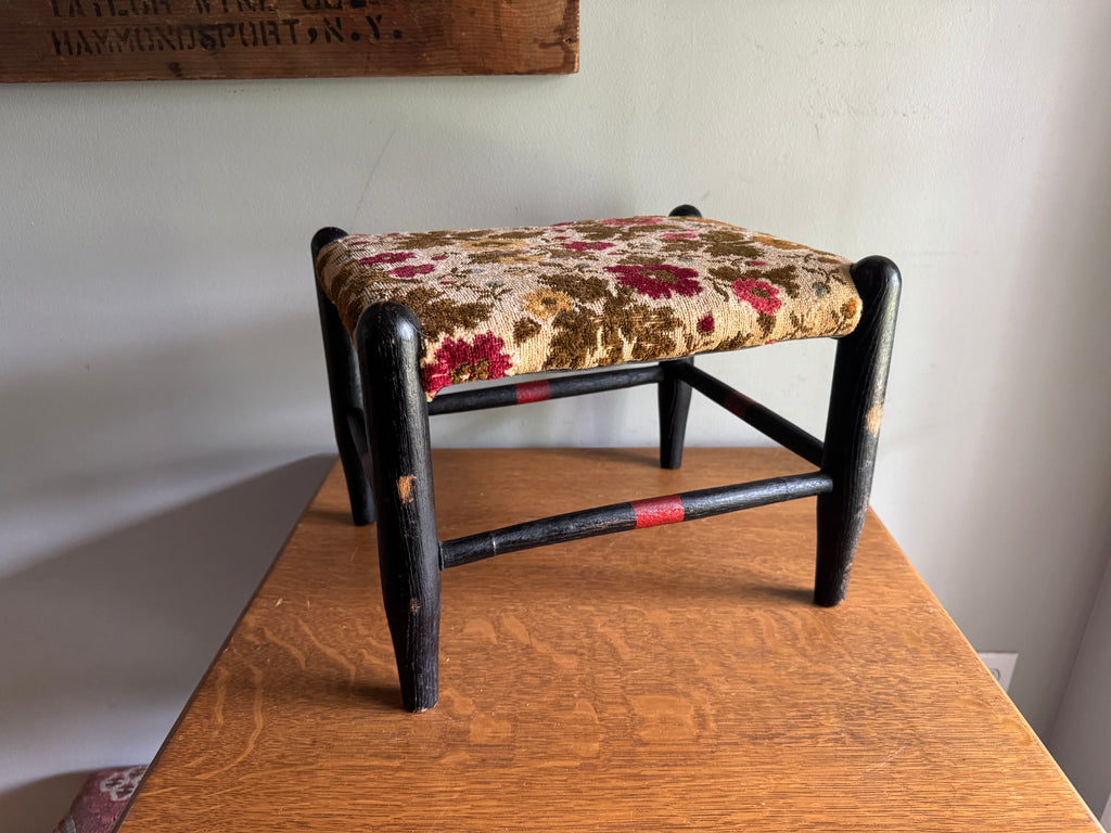 Antique Turned Wood Footstool With Floral Tapestry Top ~ Distressed Antique Wood Floral Footstool